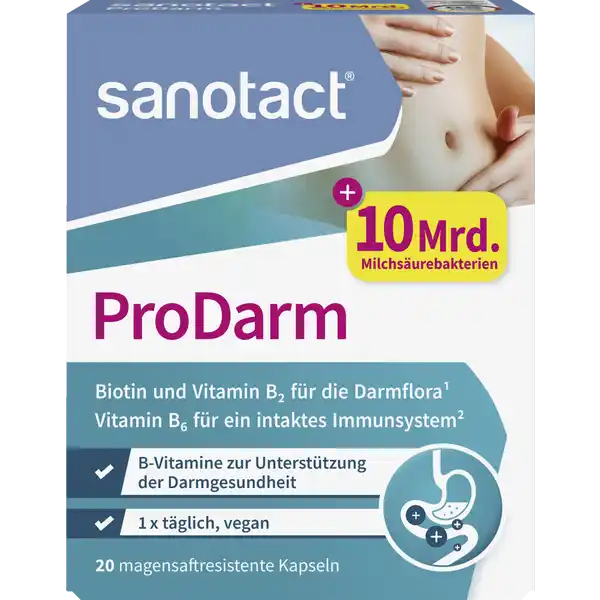 sanotact® ProDarm Kapseln: Цвет: https://www.rossmann.de/de/gesundheit-sanotact-prodarm-kapseln/p/4003087433057
Produktbeschreibung und details Unsere Darmflora besteht aus mehreren Milliarden Mikroorganismen zu denen die Bifidobakterien und Laktobazillen als Bakterien des Verdauungstraktes zhlen Faktoren wie Stress besondere Ernhrungsgewohnheiten Nahrungsunvertrglichkeiten oder die Einnahme von Medikamenten knnen unseren Darm jedoch beeinflussen Die in sanotact ProDarm enthaltene Vitamine B und Biotin tragen zur Erhaltung normaler Schleimhute wie der Darmschleimhaut bei und untersttzen so die Darmgesundheit Vitamin B trgt zu einer normalen Funktion des Immunsystems bei Auerdem enthlt jede Kapsel zehn Milliarden lebende milchsurebildende Bakterienkulturen der Stmmen Bifidobacterium animalis subsp lactis Lactobacaillus casei Lactobacillus rhamnosus  Milliarden Milchsurekulturen pro Kapsel Darmfreundliche Vitamine B und Biotin Vitamin B fr das Immunsystem BVitamine zur Untersttzung der Darmgesundheit Magensaftresistenter Kapselschutz Kontaktdaten sanotact GmbH Hessenweg   Mnster Germany wwwsanotactde UrsprungslandHerkunftsort Dnemark Zutaten Fllstoff Maisstrke berzugsmittel Hydroxyproplmethylcellulose Milchsurekulturen Bifidobacterium animalis ssp lactis Lactobacillus rhamnosus Lactobacillus casei Fllstoff Fructooligosaccharide Pyridoxinhydrochlorid Vitamin B Riboflavin Vitamin B Geliermittel Gellan Kapselhlle Trennmittel Magnesiumsalze der Speisefettsure Trennmittel Siliziumdioxid DBiotin Nhrwerte Durchschnittliche Nhrwertangaben pro  Portion pro  Portion  Kapsel  Kapseln Tagesdosis Referenzwert NRV Referenzmenge nach EULebensmittelinformationsverordnung NRV Referenzmenge nach EULebensmittelinformationsverordnung NRV NRV Vitamin B Riboflavin  mg    mg   Vitamin B  mg    mg   Biotin  g    g   Anwendung und Gebrauch  Kapsel tglich mit etwas Flssigkeit ber einen lngeren Zeitraum einnehmen Als intensiv Kur  Kapseln tglich Gebrauch Aufbewahrung und Verwendung Aufbewahrungs und Verwendungsbedingungen Unter C trocken und vor Licht geschtzt lagern Fr kleine Kinder unzugnglich aufbewahren Warnhinweise und wichtige Hinweise Warnhinweise Die angegebene empfohlene tgliche Verzehrmenge darf nicht berschritten werden Nahrungsergnzungsmittel ersetzen keine ausgewogene und abwechslungsreiche Ernhrung sowie eine gesunde Lebensweise Fr kleine Kinder unzugnglich aufbewahren