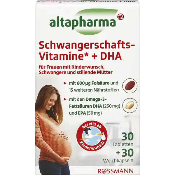 altapharma Schwangerschafts-Vitamine* + DHA: Цвет: https://www.rossmann.de/de/gesundheit-altapharma-schwangerschafts-vitamine--dha/p/4305615985503
Produktbeschreibung und details Schwangere und stillende Frauen haben einen erhhten Bedarf an Vitaminen und Mineralstoffen Altapharma Schwangerschaftsvitamine  DHA bietet eine entsprechend abgestimmte Zusammensetzung von Vitaminen Mineralstoffen und essentiellen Fettsuren und kann bereits vom Zeitpunkt des Kinderwunsches an bis zum Ende der Stillzeit eingenommen werden Folsure hat eine Funktion bei der Zellteilung und trgt zum Wachstum des mtterlichen Gewebes whrend der Schwangerschaft bei Eisen untersttzt die normale Bildung von roten Blutkrperchen und den normalen Sauerstofftransport im Krper Die Vitamine B B B und B tragen zu einem normalen Energiestoffwechsel und zu einer normalen Funktion des Nervensystems bei Die Aufnahme von DHA durch die Mutter trgt zur normalen Entwicklung des Gehirns und der Sehkraft beim ungeborenen Baby und beim gestillten Sugling bei Diese positive Wirkung stellt sich ein wenn zustzlich zu der fr Erwachsene empfohlenen Tagesdosis an OmegaFettsuren dh  mg DHA und EPA tglich  mg DHA eingenommen werden fr Frauen mit Kinderwunsch Schwangere und stillende Mtter mit g Folsure und  weiteren Nhrstoffen mit den OmegaFettsuren DHA mg und EPA mg glutenfrei laktosefrei Lebensmittelunternehmer Name Dirk Rossmann GmbH Adresse Isernhgener Strae   Burgwedel wwwrossmannde Rechtlich vorgeschriebene Produktbezeichnung Nahrungsergnzungsmittel mit Vitaminen Mineralstoffen und OmegaFettsuren Zutaten Multivitamintablette rote Tablette Trennmittel Calciumcarbonat Calciumascorbat Magnesiumoxid Fllstoff BetaCyclodextrin DTocopherylsuresuccinat Nicotinamid Calciumpantothenat Carbonyleisen berzugsmittel Hydroxypropylmethylcellulose Polyvinylalkohol Fllstoff vernetzte Carboxymethylcellulose Zinkoxid Folsure Biotin Cholecalciferol Trennmittel Magnesiumsalze der Speisefettsuren Siliciumdioxid Natriumselenat Kaliumiodid Pyridoxinhydrochlorid Riboflavin Trennmittel Talkum Thiaminmononitrat mittelkettige Triglyceride Farbstoff Eisenoxide und Eisenhydroxide Cyanocobalamin Trennmittel Speisefettsuren OmegaKapsel gelbe Kapsel FISCHL  Gelatine FeuchthaltemittelGlycerin Wasser Nhrwerte Durchschnittliche Nhrwertangaben pro  Portion pro  Portion  Multivitamintablette  OmegaKapsel  Docosahexaensure DHA  mg  Eicosapentaensure EPA  mg NRV Magnesium  mg   Eisen  mg   Zink  mg   Selen  g   Jod  g   Vitamin D  g   Vitamin E  mg   Vitamin C  mg   Vitamin B Thiamin  mg   Vitamin B Riboflavin  mg   Niacin  mg   Vitamin B  mg   Folsure  g   Vitamin B  g   Biotin  g   Pantothensure  mg   Nhrwertbeschreibung  NRV pro Tablette Prozentsatz der Nhrstoffbezugswerte NRV fr die tgliche Zufuhr von Vitaminen und Mineralstoffen nach LMIV Fischl   NRV pro Kapsel   keine Empfehlung vorhanden Anwendung und Gebrauch Tglich ke eine Multivitamintablette rote Tablette und eine OmegaKapsel gelbe Kapsel mit ausreichend Flssigkeit einnehmen Gebrauch Aufbewahrung und Verwendung Aufbewahrungs und Verwendungsbedingungen Trocken vor Wrme und Licht geschtzt aufbewahren Warnhinweise und wichtige Hinweise Warnhinweise Bitte auerhalb der Reichweite von kleinen Kindern aufbewahren Die empfohlene Verzehrsmenge darf nicht berschritten werden Nahrungsergnzungsmittel sind kein Ersatz fr eine abwechslungsreiche und ausgewogene Ernhrung sowie eine gesunde Lebensweise
