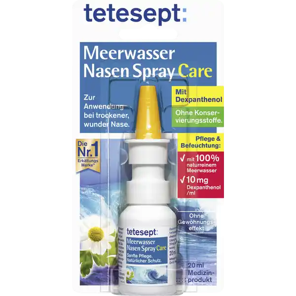 tetesept Meerwasser Nasen Spray Care: Цвет: Produktbeschreibung und details tetesept Meerwasser Nasenspray Care mit Dexpanthenol und Meerwasser befeuchtet und pflegt die beanspruchte Nasenschleimhaut Die so befeuchteten Nasenschleimhute knnen besser regenerieren Daher eignet es sich auch zur untersttzenden Behandlung bei Schnupfen tetesept Meerwasser Nasenspray Care ist ideal einzusetzen bei geringer Luftfeuchtigkeit in geheizten oder klimatisierten Rumen zB im Bro oder Flugzeug bei Belastung durch Staub oder Pollen und zum Lsen von Verkrustungen Auf Grund der natrlichen Inhaltsstoffe stellt sich auch bei hufigem Gebrauch kein GewhnungseffekteincDie extra lange Aufbrauchfrist von  Monaten ermglicht zustzlich eine langfristige Anwendung mit  naturreinem Meerwasser und  mg Dexpanthenol ml sanfte Reinigung der verstopften Nase bei Schnupfen natrliche Befeuchtung trockener Nasenschleimhute langfristige Anwendung ohne Gewhnungseffekt nach Anbruch bis zu  Monate anwendbar ohne Konservierungsstoffe ohne Treibgas Kontaktdaten tetesept pharma gmbh  Frankfurt wwwteteseptde UrsprungslandHerkunftsort Deutschland Anwendung und Gebrauch Je nach Bedarf Kindern ab  Jahren mehrmals tglich einen Sprhsto in jedes Nasenloch einsprhen Erwachsene und Schulkinder wenden mehrmals tglich jeweils  Sprhste an Bei Gebrauch die Flaschemglichst senkrecht halten Zur tglichen Anwendung geeignet Bei Bedarf kann tetesept Meerwasser Nasenspray Care auch ber einen lngeren Zeitraum angewendetwerden Wenn nach  Tagen keine Besserung der nasalen Beschwerden eingetreten ist sollte ein Arzt oder Apotheker befragt werden Gebrauch Aufbewahrung und Verwendung Aufbewahrungs und Verwendungsbedingungen Nach Anbruch bis zu  Monate anwendbar Inhaltsstoffe Isotonisiertes Meerwasser mit pflegendem Dexpanthenol und natrlichem KamillenbltenAuszug
https://www.rossmann.de/de/gesundheit-tetesept-meerwasser-nasen-spray-care/p/4008491261708