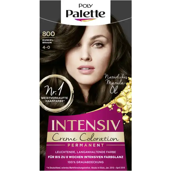 Poly Palette Intensiv Creme Coloration 800 Dunkelbraun: Цвет: Produktbeschreibung und details Die reichhaltige ColorCreme mit len lsst die hochkonzentrierten Farbpigmente tief in das Haarinnere eindringen und versiegelt sie im Haar Fr eine besonders ausdrucksstarke und langanhaltende Farbe bis zu  Wochen Die verwhnende Pflegemaske mit natrlichem Marulal glttet die Haaroberflche uns sorgt fr atemberaubenden Glanz Die speziell entwickelte Formel sorgt fr wundervolle Farbergebnisse  vom Ansatz bis in die Spitzen leuchtende langanhaltende Farbe fr bis zu  Wochen intensiven Farbglanz  Grauabdeckung mit natrlichem Marulal Kontaktdaten Schwarzkopf ampamp Henkel GmbH D Dsseldorf     Anwendung und Gebrauch Diese Nuance ist fr die folgenden Naturhaarfarben geeignet Dunkelblond Hellbraun bis Mittelbraun Dunkelbraun bis Schwarzbraun Diese Nuance ist fr leicht bis komplett ergrautes Haar geeignet Die genau Anwendung entnehmen Sie bitte der Packungsbeilage Bitte Gebrauchsanweisung beachten Gebrauch Aufbewahrung und Verwendung Aufbewahrungs und Verwendungsbedingungen Entwickler von Hitze und Licht fernhalten Mischen Sie dieses Frbemittel nicht mit anderen Produkten Keine nicht gebrauchte Mischung aufbewahren Keine fertige Mischung in einer geschlossenen Flasche aufbewahren die Flasche knnte sichaufblhen und bersten Inhaltsstoffe Haarfrbungtnung oxidativ Aqua Cetearyl Alcohol Glyceryl Stearate SE Ammonium Hydroxide Prunus Amygdalus Dulcis Oil Ceteareth TolueneDiamine Sulfate Octyldodecanol Sodium Laureth Sulfate Ethanolamine Resorcinol Sodium Cetearyl Sulfate Parfum Oleic Acid mAminophenol Glycerin Sodium Sulfite Etidronic Acid Carbomer Potassium Hydroxide Linalool Ascorbic Acid Serine AminoHydroxyethylaminoanisole Sulfate Sodium Sulfate Geraniol Citronellol Limonene Benzoic Acid  Pflegesplung rinse offAqua Cetearyl Alcohol Quaternium Propylene Glycol Isopropyl Myristate Distearoylethyl Hydroxyethylmonium Methosulfate Citric Acid Phenoxyethanol Stearamidopropyl Dimethylamine Polyquaternium Ceteareth Glyceryl Stearate Sodium Methylparaben Dicaprylyl Carbonate Sclerocarya Birrea Seed Oil Parfum Linalool Limonene Hexyl Cinnamal Benzyl Salicylate Lauryl Glucoside Citronellol Panthenol Benzyl Alcohol  Entwickler Aqua Hydrogen Peroxide Cetearyl Alcohol PEG Castor Oil Etidronic Acid Sodium Cetearyl Sulfate Disodium Pyrophosphate Dicarboxypyridine Potassium Hydroxide Sodium Benzoate Warnhinweise und wichtige Hinweise Warnhinweise Haarfrbemittel knnen schwere allergische Reaktionen hervorrufen Bitte folgende Hinweise lesen und beachten Dieses Produkt ist nicht fr Personen unter  Jahren bestimmt Temporre Ttowierungen mit schwarzem Henna knnen das Allergierisiko erhhen Frben Sie Ihr Haar nicht  wenn Sie einen Ausschlag im Gesicht haben oder wenn Ihre Kopfhaut empfindlich gereizt oder verletzt ist  wenn Sie schon einmal nach dem Frben Ihrer Haare eine Reaktion festgestellt haben  wenn eine temporre Ttowierung mit schwarzem Henna bei Ihnen schon einmal eine Reaktion verursacht hat Enthlt Phenylendiamine Toluylendiamine Wasserstoffperoxid und Resorcin Vollstndige Inhaltsstoffdeklaration siehe Packungsboden Nicht zur Frbung von Wimpern und Augenbrauen verwenden Die vollstndigen Produkthinweise entnehmen Sie bitte der Verpackung
https://www.rossmann.de/de/pflege-und-duft-poly-palette-intensiv-creme-coloration-800-dunkelbraun/p/4015100329711