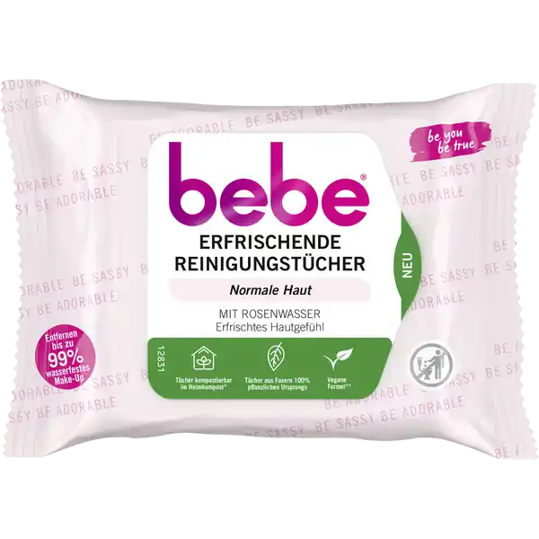 bebe Erfrischende Reinigungstcher mit Rosenwasser: Цвет: Produktbeschreibung und details Manchmal bist du herzallerliebst manchmal richtig frech Es muss nicht immer entweder oder sein Mit den bebe Erfrischenden Reinigungstcher mit Rosenwasser natrlichen Ursprungs reinigst du dein Gesicht grndlich von hartnckigen MakeUpResten  ganz ohne Austrocknen fr normale Haut aus Fasern  pflanzlichen Ursprungs Tcher kompostierbar im Heimkompost vegane Formel mit Inhaltsstoffen zu  natrlichen Ursprungs inkl Wasser entfernen bis zu  wasserfestes MakeUp Feuchtigkeitsspendend mit Rosenwasser Vertrglichkeit dermatologisch und augenrztlich besttigt ohne Duftstoffe augenmild Unsere Tcher sind nur im Heimkompost kompostierbar Wenn du keinen Heimkompost besitzt entsorge sie bitte im Restmll Nicht in der BioTonne oder in der Natur entsorgen Nicht in die Toilette werfen Die Verpackung ist nicht kompostierbar  Ohne Inhaltsstoffe tierischen Ursprungs  Die Formel enthlt eine Mischung aus Inhaltsstoffen natrlichen Ursprungs und Wasser  Wasser und  andere Inhaltsstoffe natrlichen Ursprungs Die verbleibenden  der Inhaltsstoffe dienen einer guten Haltbarkeit Wirksamkeit und einer angenehmen Anwendung Kontaktdaten Johnson ampamp Johnson GmbH D Neuss DE wwwbebede UrsprungslandHerkunftsort UK Testurteile Qualittssiegel ampamp Verbandszeichen Anwendung und Gebrauch Ein Reinigungstuch aus der Packung nehmen vollstndig auseinanderfalten und damit sanft ber Gesicht Hals und Augen streichen bis alle Makeup Rckstnde entfernt sind Fertig ohne mit Wasser nachzusplen Nach der Entnahme der bebe Tcher das Klebeetikett wieder gut verschlieen Inhaltsstoffe Aqua Decyl Isostearate Isopropyl Isostearate Glycerin Dimethicone Isohexadecane Hexylene Glycol Rosa Damascena Flower Water Trisiloxane PEG CaprylicCapric Glycerides Sucrose Cocoate Polysorbate  AcrylatesC Alkyl Acrylate Crosspolymer Sodium Hydroxide Citric Acid Sodium Benzoate Potassium Sorbate Phenoxyethanol Chlorphenesin Parfum
https://www.rossmann.de/de/pflege-und-duft-bebe-erfrischende-reinigungstuecher-mit-rosenwasser/p/3574661671710