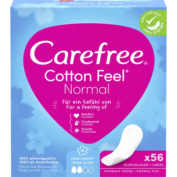 Carefree Slipeinlage Cotton Feel Normal Frischeduft: Цвет: Produktbeschreibung und details Neues Design Die Carefree Slipeinlagen Cotton Feel Normal mit Frischeduft sind zu  atmungsaktiv und verleihen ein Gefhl von Komfort Trockenheit und Frische Zudem sind sie so weich wie Baumwolle Die Soft Touch Oberflche bietet ein extra weiches Tragegefhl und die perfekte Passform passt sich den Krperbewegungen an Darber hinaus ist die extra weiche Oberflche dermatologisch getestet Kontaktdaten Johnson ampamp Johnson GmbH  Neuss wwwcarefreede Warnhinweise und wichtige Hinweise Warnhinweise Produkt enthlt Kunststoff Nicht in der Toilette entsorgen Nach Gebrauch in den Mlleimer werfen Hilf mit die Umwelt zu schtzen
https://www.rossmann.de/de/pflege-und-duft-carefree-slipeinlage-cotton-feel-normal-frischeduft/p/3574661486321