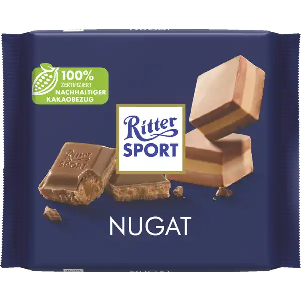 Ritter Sport Nugat Tafelschokolade: Цвет: Produktbeschreibung und details DAS BESTE WAS PASSIEREN KANN Auch bei Schokolade gilt Auf die inneren Werte kommt es an Diese Tafel begeistert vor allem durch ihre cremige Edelnugatfllung Viele goldbraun gerstete und fein gemahlene Haselnsse geben ihr einen intensiven Nussgeschmack Die Folge Liebe auf den ersten Biss cremige Edelnugatfllung goldbraun gerstete und fein gemahlene Haselnsse intensiver Nussgeschmack  zertifiziert nachhaltiger Kakaobezug Lebensmittelunternehmer Name Alfred Ritter GmbH ampamp Co KG Adresse D Waldenbuch Deutschland wwwrittersportde UrsprungslandHerkunftsort Deutschland Rechtlich vorgeschriebene Produktbezeichnung Gefllte Vollmilchschokolade mit Nugat   Zutaten Zucker HASELNUSS masse   Kakaobutter Kakaomasse Voll MILCH pulver LAKTOSE  Mager MILCH pulver BUTTER reinfett Emulgator Lecithine  SOJA  Kann Spuren von ERDNSSEN ANDEREN SCHALENFRCHTEN GLUTENHALTIGEM GETREIDE und EI enthalten Rainforest Alliance Certified Nhrwerte Durchschnittliche Nhrwertangaben pro  g Energie  kj   kcal Fett  g davon  gesttigte Fettsuren  g Kohlenhydrate  g davon  Zucker  g Eiwei  g Salz  g Gebrauch Aufbewahrung und Verwendung Aufbewahrungs und Verwendungsbedingungen Vor Wrme und Feuchtigkeit schtzen
https://www.rossmann.de/de/lebensmittel-ritter-sport-nugat-tafelschokolade/p/4000417602619