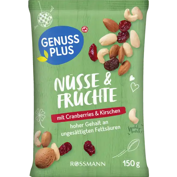 GENUSS PLUS Nsse amp Frchte: Цвет: Produktbeschreibung und details Die Mischung macht den Genuss Wie klingt das Slichmalzige Weinbeeren fruchtigherbe Cranberries und kstliche Montmorency Sauerkirschen gemeinsam mit den NussKlassikern in einer Tte Richtig Unser Nsse ampamp FrchteSnack ist der perfekt abgestimmte Mix und ist auch noch reich an ungesttigten Fettsuren mit Cranberries ampamp Kirschen hoher Gehalt an ungesttigten Fettsuren laktose und glutenfrei vegan Lebensmittelunternehmer Name Dirk Rossmann GmbH Adresse Isernhgener Str   Burgwedel wwwrossmannde Testurteile Qualittssiegel ampamp Verbandszeichen Rechtlich vorgeschriebene Produktbezeichnung NussTrockenfruchtmischung gezuckert Zutaten Weinbeeren getrocknet CASHEWKERNE   Cranberries MANDELN   Zucker MANDELN blanchiert  Sauerkirschen Sonnenblumenl Kann Spuren von weiteren SCHALENFRCHTEN und ERDNSSEN enthalten Nhrwerte Durchschnittliche Nhrwertangaben pro  g Energie  kj   kcal Fett  g davon  gesttigte Fettsuren  g  einfach ungesttigte Fettsuren  g  mehrfach ungesttigte Fettsuren  g Kohlenhydrate  g davon  Zucker  g Eiwei  g Salz  g Gebrauch Aufbewahrung und Verwendung Aufbewahrungs und Verwendungsbedingungen Trocken lagern und vor Wrme schtzen Warnhinweise und wichtige Hinweise Warnhinweise ACHTUNG Auch entsteinte Frchte knnen vereinzelt Steine oder Bruchstcke von Steinen enthalten Nsse knnen in die Atemwege von Kleinkindern gelangen
https://www.rossmann.de/de/lebensmittel-genuss-plus-nuesse-und-fruechte/p/4305615839516