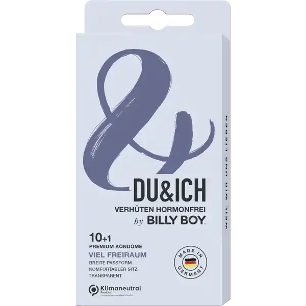 BILLY BOY Du&Ich Kondome Viel Freiraum: Цвет: Produktbeschreibung und details DuampampIch ist fr euch gemacht Fr eure Lust auf Neues Fr groe Gefhle Fr eure Liebe    Premium Kondome mit Gleitfilm und Reservoir transparent glatte Oberflche anatomische Form breite Passform komfortabler Sitz dermatologisch getestet hormonfreie Verhtung hergestellt in Deutschland jedes Kondom ist einzeln elektronisch geprft Breite flachliegend  mm im oberen Bereich  mm inklusive Inspirationskarte Wandstrke ca  mm entspricht EN ISO  Kontaktdaten MAPA GmbH Industriestr   Zeven wwwduundichde UrsprungslandHerkunftsort Deutschland Anwendung und Gebrauch DUampampICH by BILLY BOY Kondome sind Medizinprodukte zur Empfngnisverhtung und zum Infektionsschutz Gebrauch Aufbewahrung und Verwendung Aufbewahrungs und Verwendungsbedingungen Khl trocken und vor Hitze und direkter Sonneneinstrahlung geschtzt lagern Inhaltsstoffe Naturkautschuklatex Warnhinweise und wichtige Hinweise Warnhinweise Kein Verhtungsmittel kann zu   den Schutz vor Schwangerschaft oder Infektionskrankheiten garantieren Kondome nie zusammen mit l oder fetthaltigen Gleitmitteln
https://www.rossmann.de/de/gesundheit-billy-boy-duundich-kondome-viel-freiraum/p/4008600427650