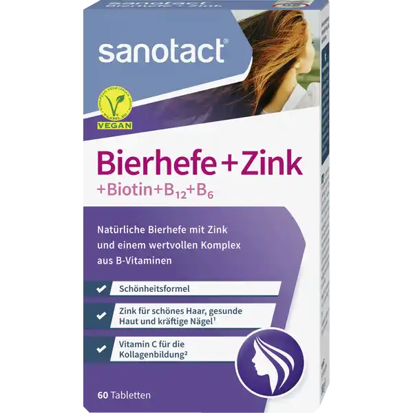 sanotact® Bierhefe + Zink Tabletten: Цвет: https://www.rossmann.de/de/gesundheit-sanotact-bierhefe--zink-tabletten/p/4003087400257
Produktbeschreibung und details Die sanotact Bierhefe  Zink Tabletten zur Nahrungsergnzung untersttzen dank des Spurenelements Zink Haut Haare und Ngel Die Bierhefe bildet die natrliche Basis fr diese einzigartige Rezeptur Makellose Haut krftige Fingerngel und volles Haar sind fr Frauen und Mnner gleichermaen das nach auen sichtbare Zeichen fr Vitalitt und Ausdruck einer gesunden Lebensweise Bausteine fr Haut Haare und Ngel sind die menschlichen Zellen die auch als kleinste Einheit des Lebens bezeichnet werden knnen Das in den Tabletten enthaltene Zink trgt zur Erhaltung normaler Ngel bei Gemeinsam mit Vitamin B und Folsure hat das Spurenelement eine Funktion bei der Zellteilung Vitamin C als weiterer Bestandteil untersttzt die normale Kollagenbildung fr eine normale Funktion der Haut Biotin vervollstndigt die einzigartige Wirkstoffkombination indem es ebenso wie Zink zum Erhalt normaler Haut und Haare beitrgt Schnheitsformel mit Zink fr schnes Haar gesunde Haut und krftige Ngel Vitamin C fr die Kollagenbildung vegan Lebensmittelunternehmer Name sanotact GmbH Adresse Hessenweg   Mnster UrsprungslandHerkunftsort Deutschland Testurteile Qualittssiegel ampamp Verbandszeichen Rechtlich vorgeschriebene Produktbezeichnung Nahrungsergnzungsmittel mit Bierhefe Zink und Vitaminen Zutaten Bierhefe enthlt GLUTEN aus WEIZEN und GERSTE  LAscorbinsure Vitamin C Maltodextrin DLTocopherylacetat Vitamin E Nicotinamid CalciumDpantothenat Trennmittel Siliciumdioxid Zinkcitrat Pyridoxinhydrochlorid Vitamin B Riboflavin Vitamin B Thiaminmononitrat Vitamin B Pteroylmonoglutaminsure Folsure DBiotin Cyanocobalamin Vitamin B Nhrwerte Durchschnittliche Nhrwertangaben pro  g pro  Portion pro  Portion  Tabl  Tabl Tagesdosis Referenzwert NRV Referenzmenge nach EULebensmittelinforationsverordnung NRV Referenzmenge nach EULebensmittelinformationsverordnung Energie  kj   kcal Fett  g davon  gesttigte Fettsuren  g Kohlenhydrate  g davon  Zucker  g Eiwei  g Salz  g NRV NRV Zink  mg    mg   Vitamin E  mg    mg   Vitamin C  mg    mg   Vitamin B Thiamin  mg    mg   Vitamin B Riboflavin  mg    mg   Niacin  mg    mg   Vitamin B  mg    mg   Folsure  g    g   Vitamin B  g    g   Biotin  g    g   Pantothensure  mg    mg   Anwendung und Gebrauch  Tabletten tglich zu beliebiger Zeit mit reichlich Flssigkeit schlucken Sie knnen die Tabletten ber den Tag verteilt oder gleichzeitig verzehren Die Einnahme kann unabhngig von den Mahlzeiten erfolgen Gebrauch Aufbewahrung und Verwendung Aufbewahrungs und Verwendungsbedingungen Unter C trocken und vor Licht geschtzt lagern Fr kleine Kinder unzugnglich aufbewahren Warnhinweise und wichtige Hinweise Warnhinweise Die angegebene empfohlene tgliche Verzehrmenge darf nicht berschritten werden Nahrungsergnzungsmittel ersetzen keine ausgewogene und abwechslungsreiche Ernhrung sowie eine gesunde Lebensweise Kann bei bermigen Verzehr abfhrend wirken