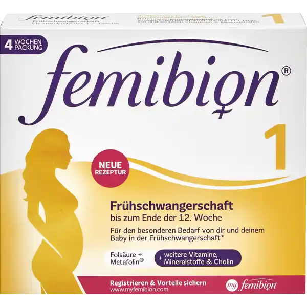 femibion Frhschwangerschaft: Цвет: https://www.rossmann.de/de/gesundheit-femibion-fruehschwangerschaft-1/p/4054839695865
Produktbeschreibung und details Sorge fr einen guten Start deines Babys ins Leben indem du dich bewusst ernhrst Femibion  ist speziell auf deine Bedrfnisse ab Beginn der Schwangerschaft bis zum Ende des ersten Schwangerschaftsdrittels abgestimmt Mit  g Folat fr den effektiven Aufbau des FolatSpiegels in den ersten Schwangerschaftswochen fr den besonderen Bedarf von dir und deinem Baby in der Frhschwangerschaft bis zum Ende der  Schwangerschaftswoche siehe Abbildung der Packungsrckseite Rechtlich vorgeschriebene Produktbezeichnung Nahrungsergnzungsmittel mit Folat Folsure ampamp Metafolin Vitamin D Cholin Jod und weiteren Vitaminen ampamp Mineralstoffen Zutaten Cholinbitartrat Fllstoff Mikrokristalline Cellulose CalciumLascorbat Vitamin C Sojabohnenl ganz gehrtet Eisenbisglycinat berzigsmittel Hydroxypropylmethycellulose Fllstoff Vernetzte Carboxymethylcellulose Farbstoff Calciumcarbonat Maltodextrin berzeugsmittel Polyvinylalkohol Polyethylenglycol Talkum Hydroxypropylcellulose Nicotinamid Niacin Suerungsmittel Citronensure Trennmittel Magnesiumsalze der Speisefettsuren Speisefettsuren Calciumphosphate DLTocopherylacetat Vitamin E CalciumDpantothenat Pantothensure Zucker modifizierte Strke Pyridoxinhydrochlorid VItamin B Thiaminmononitrat Vitamin B Strke Riboflavin Vitamin B CalciumLmethylfolat Metafolin Pteroylmonoglutaminsure Folsure Kaliumiodid DBiotin Cholecalciferol Vitamin D Natriumselenat Cyanocobalamin Vitamin B Nhrwerte Durchschnittliche Nhrwertangaben pro  Portion Pro Tablette NRV Eisen  mg   Selen  g   Jod  g   Vitamin D  g   Vitamin E  mg   Vitamin C  mg   Vitamin B Thiamin  mg   Vitamin B Riboflavin  mg   Niacin  mg   Vitamin B  mg   Folat  g   Folsure  g Vitamin B  g   Biotin  g   Pantothensure  mg   Cholin  mg Anwendung und Gebrauch  Tablette pro Tag zu einer der Mahlzeiten mit ausreichend kalter Flssigkeit einnehmen Empfohlene tgliche Verzehrsmenge nicht berschreiten Gebrauch Aufbewahrung und Verwendung Aufbewahrungs und Verwendungsbedingungen Trocken und nicht ber  C lagern Vor Licht schtzen Warnhinweise und wichtige Hinweise Warnhinweise Nahrungsergnzungsmittel sind kein Ersatz fr eine ausgewogene abwechslungsreiche Ernhrung und gesunde Lebensweise Empfohlene tgliche Verzehrsmenge nicht berschreiten Auerhalb der Reichweite von kleinen Kindern