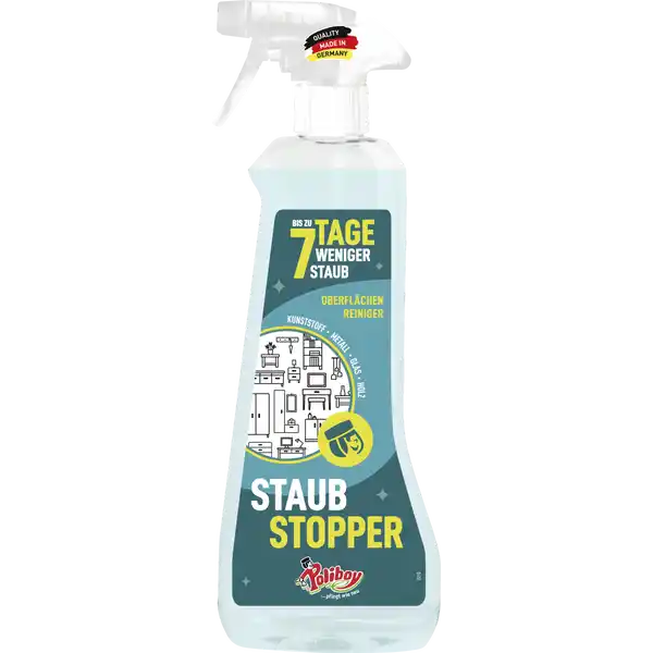 Poliboy Staubstopper Oberflchenreiniger: Цвет: https://www.rossmann.de/de/haushalt-poliboy-staubstopper-oberflaechenreiniger/p/4016100245001
Produktbeschreibung und details Staub nervt dich Dann ist der POLIBOY Staubstopper das ideale Produkt fr deine Wohlfhlrume Er reinigt nicht nur Kunststoff Metall Glas und versiegeltes Holz sondern reduziert dabei auch die staubigen Ablagerungen auf deinen Mbeln Ja du hast richtig gehrt Der AntistatikEffekt lsst den Staub bis zu  Tage lang abblitzen Weil Mbel leider in keine Waschmaschine passen duftet der Staub Stopper auerdem angenehm frisch und ist schnell anwendbar einfach aufsprhen wischen und zurck aufs Sofa Mhelos beseitigt der Stopper fettige Fingerabdrcke und andere Spuren des Alltags damit du dich fter zurcklehnen kannst Die Flasche besteht brigens aus   recyceltem Kunststoff und das Produkt ist klimaneutral Kontaktdaten POLIBOY Brandt ampamp Walther GmbH Tornestr  D Lilienthal Bremen wwwpoliboyde       Anwendung und Gebrauch ffne die Dse Sprhe den Staubstopper aus ca  cm Entfernung dnn auf und wische die Flche mit einem sauberen Tuch ab Glas ampamp Hochglanzoberflchen sollten ggf mit einem trockenen Tuch nachgewischt werden Empfindliche Oberflchen nicht direkt ansprhen und vorher an unaufflliger Stelle testen Denke daran die Dse nach Anwendung wieder zu verschlieen Inhaltsstoffe AQUA ISOPROPYL ALCOHOL BUTOXYPROPANOL GLYCERETH  PHOSPHATEPEG Avocado Glycerides Polyglyceryl LaurateSebacate Polyglyceryl CaprylateCaprate PARFUM LIMONENE ALKYL POLYGLYCOSIDE SODIUM LAURETHSULFATE BENZISOTHIAZOLINONE Warnhinweise und wichtige Hinweise Warnhinweise Auer Reichweite von Kindern aufbewahren Kann allergische Reaktionen hervorrufen