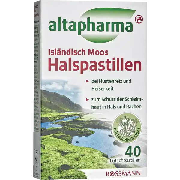 altapharma Islndisch Moos Halspastillen: Цвет: https://www.rossmann.de/de/gesundheit-altapharma-islaendisch-moos-halspastillen/p/4305615617213
Produktbeschreibung und details Hustenreiz und Heiserkeit sind die hufigsten Symptome bei Infekten der Atemwege Diese knnen durch uere Reize wie schlechte oder trockene Atemluft und starke stimmliche Belastung verstrkt werden Die in den altapharma Islndisch Moos Halspastillen enthaltenen Inhaltsstoffe aus Islndisch Moos legen sich wie Balsam ber die Schleimhaut in Hals und Rachen und schirmen sie so vor schdlichen Einflssen ab Die gereizte Schleimhaut wird vor weiteren Angriffen geschtzt und kann sich durch die wohltuende Wirkung schneller erholen Typische Erkltungsbeschwerden wie Heiserkeit und Hustenreiz werden auf sanfte Weise gelindert bei Hustenreiz und Heiserkeit zum Schutz der Schleimhaut im Hals und Rachen laktosefrei glutenfrei fr Veganer geeignet Lebensmittelunternehmer Name Dirk Rossmann GmbH Adresse Isernhgener Str   Burgwedel wwwrossmannde UrsprungslandHerkunftsort Deutschland Rechtlich vorgeschriebene Produktbezeichnung Medizinprodukt zum Schutz der Schleimhaut in Hals und Rachen Zutaten  mg Islndisch Moos Extrakt Arabisches Gummi Saccharose SorbitolLsung   nicht kristallisierend Menthol Pfefferminzl KaramellAroma pflanzliches l mittelkettige Triglyceride gereinigtes Wasser Anwendung und Gebrauch Erwachsene und Kinder ab  Jahren Je nach Bedarf mehrmals tglich  Pastillen langsam lutschen Altapharma Islndisch Moos Halspastillen knnen auch ber einen lngeren Zeitraum angewendet werden Allerdings sollte bei Beschwerden die lnger als  Woche andauern ein Arzt aufgesucht werden Gebrauch Aufbewahrung und Verwendung Aufbewahrungs und Verwendungsbedingungen Die Pastillen sind trocken und nicht ber  C zu lagern Bitte Gebrauchsinformation beachten Fr Kinder unzugnglich aufbewahren