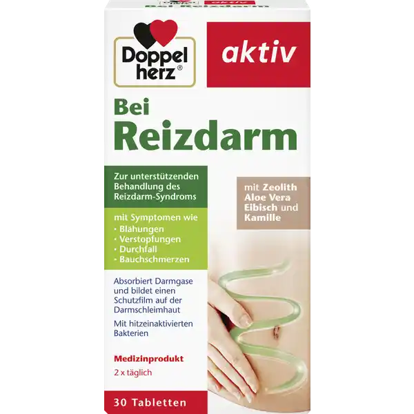 Doppelherz aktiv Bei Reizdarm Tabletten: Цвет: https://www.rossmann.de/de/gesundheit-doppelherz-aktiv-bei-reizdarm-tabletten/p/4009932131024
Produktbeschreibung und details Das Medizinprodukt Doppelherz Bei Reizdarm enthlt das Mineral Zeolith in Kombination mit Kamillen und Eibischextrakt sowie Aloe Vera und wird zur untersttzenden Behandlung des ReizdarmSyndroms mit folgenden Symptomen angewendet Blhungen Verstopfungen Durchfall und BauchschmerzenZustzlich sind hitzeinaktivierte Bakterien enthalten Diese legen sich wie ein Pflaster an die geschdigte Darmwand Doppelherz Bei Reizdarm absorbiert Darmgase und bildet einen Schutzfilm auf unserer Darmschleimhaut Das Medizinprodukt wird fr die Behandlung des RDS gekennzeichnet durch Schmerzen Schwellung Aufblhung und Bauchbeschwerden mit oder ohne Vernderung im Aussehen des Stuhls und Verdauungsproblemen wie Verstopfung Durchfall oder beides abwechselnd eingesetzt Wirkmechanismus Dank seiner schtzenden mechanischen Wirkung interagiert Doppelherz Bei Reizdarm physikalisch mit der Darmschleimhaut Es bildet einen mucoadhsiven Film der die Schleimhaut vor dem Kontakt mit Reizstoffen schtzt und hilft zugleich die Absorption gefhrlicher Stoffe zu verhindern Dank eines physikalischen Mechanismus werden Darmgase absorbiert und so die typischen Beschwerden des Reizdarmsyndroms reduziert Kontaktdaten Queisser Pharma GmbH ampamp Co KG Schleswiger Str   Flensburg wwwdoppelherzde Zutaten Zeolith Klinoptilolith Kamillenextrakt Matricaria chamomilla L Aloe Vera Aloe vera L Saftgelee  de quervernetzte NatriumCarboxymethylcellulose tyndallisiertes Lactobacillus plantarum enthlt Soja Milch und Milchprodukte einschlielich Laktose Zellulose Calciumphosphate Magnesiumsalze aus Fettsuren Siliciumoxid therisches Sfenchell Foeniculum vulgare Mill therisches Kmmell Carum carvi L Anwendung und Gebrauch Nehmen Sie zweimal tglich eine Tablette zwischen oder vor den Mahlzeiten ein je nach Anweisung Ihres Arztes oder Apothekers Bei akuten Schmerzen kann die Dosis verdoppelt werden Abhngig von der Intensitt der Erkrankung wird empfohlen die Behandlungsdauer von zwei auf sechs Wochen zu verlngern und die Behandlung im Falle wiederkehrender Symptome zu wiederholen Gebrauch Aufbewahrung und Verwendung Aufbewahrungs und Verwendungsbedingungen In Originalverpackung bei Raumtemperatur unter C an einem khlen trockenen lichtgeschtzten Ort aufbewahren Nicht in Reichweite von Kindern aufbewahren Warnhinweise und wichtige Hinweise Warnhinweise Auch wenn keine Nebenwirkungen bekannt sind wird empfohlen das Produkt nicht whrend der Schwangerschaft oder Stillzeit und bei Kindern unter  Jahren anzuwenden Konsultieren Sie auf jeden Fall vor der Anwendung Ihren Arzt Die tgliche Dosis von vier Tabletten darf nicht berschritten werden Nicht anwenden bei Allergie oder berempfindlichkeit gegen einen der Wirkstoffe Nicht nach Ablauf des auf der Verpackung abgedruckten Verfallsdatums verwenden Das Verfallsdatum bezieht sich auf das ordnungsgem gelagerte Produkt in intakter Verpackung