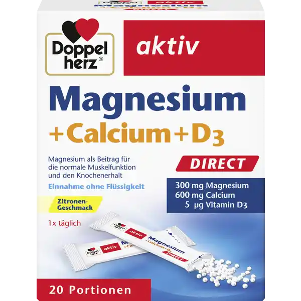 Doppelherz aktiv Magnesium+Calcium+D3 Direct: Цвет: https://www.rossmann.de/de/gesundheit-doppelherz-aktiv-magnesiumcalciumd3-direct/p/4009932001945
Produktbeschreibung und details Wohlschmeckendbesonders leicht einzunehmen Fr die schnelle und direkte Einnahme Doppelherz Magnesium  Calcium  D DIRECT versorgt Sie nicht nur mit wichtigen Nhrstoffen die zur normalen Muskelfunktion und zum normalen Knochenerhalt beitragen sondern schmeckt auch ausgezeichnet Durch ein modernes Herstellungsverfahren ist es gelungen eine moderne und praktische Darreichungsform zu entwickeln DoppelherzMagnesiumCalciumD DIRECT enthlt seine wertvollen Nhrstoffe in Form von MicroPellets Den Portionsbeutel aufreien den Inhalt direkt auf die Zunge geben und die feinen Granulatperlen lsen sich in Sekundenschnelle auf Sie knnen so jederzeit und an jedem Ort ganz ohne Flssigkeit geschluckt werden Diese Darreichungsform ist daher besonders gut geeignet um den Krper schnell und direkt mit den Mineralstoffen Magnesium und Calcium sowie Vitamin D zu versorgen  ideal fr unterwegs oder bei Einnahmeschwierigkeiten von Tabletten Magnesium trgt zum normalen Energiestoffwechsel bei Es untersttzt die Funktion des Nervensystems und der MuskelnBRampgt Calcium spielt fr die normale Blutgerinnung und Muskelfunktion eine Rolle und untersttzt den normalen Knochenerhalt Vitamin D trgt zur normalen Calciumverwertung und zum Erhalt normaler Knochen bei Lebensmittelunternehmer Name Queisser Pharma Adresse Schleswiger Str   Flensburg UrsprungslandHerkunftsort Deutschland Rechtlich vorgeschriebene Produktbezeichnung Granulat mit Magnesium Calcium ampamp Vitamin D ampamp ZitronenGeschmack  Nahrungsergnzungsmittel mit Sungsmitteln Zutaten Calciumcarbonat Magnesiumoxid Fllstoff Xylit Maisstrke Fllstoff Sorbit Suerungsmittel Citronensure Aroma Verdickungsmittel Carboxymethylcellulose Sungsmittel Aspartam Sungsmittel Natriumcyclamat Trennmittel Magnesiumsalze der Speisefettsuren Cholecalciferol Nhrwerte Durchschnittliche Nhrwertangaben pro  Portion NRV Calcium  mg   Magnesium  mg   Vitamin D  g   Anwendung und Gebrauch Tglich den Inhalt eines Beutels verzehren Die MicroPellets direkt auf die Zunge geben langsam zergehen lassen und schlucken Gebrauch Aufbewahrung und Verwendung Aufbewahrungs und Verwendungsbedingungen Bei Raumtemperatur trocken lagern Warnhinweise und wichtige Hinweise Warnhinweise Enthlt eine Phenylalaninquelle Enthlt Sungsmittel Kann bei bermigem Verzehr abfhrend wirken Mengen ber  mg Magnesium knnen bei empfindlichen Personen abfhrend wirken