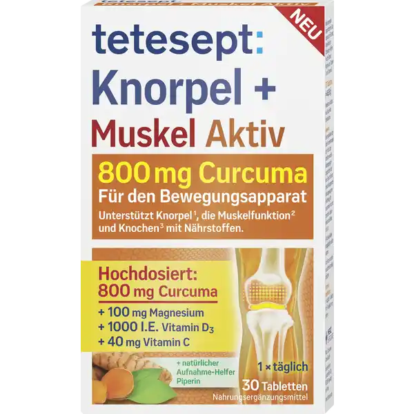 tetesept Knorpel + Muskel Aktiv: Цвет: https://www.rossmann.de/de/gesundheit-tetesept-knorpel--muskel-aktiv/p/4008491106214
Produktbeschreibung und details Funktionsfhige und belastbare Knorpel und Muskeln sind wichtig fr einen aktiven Bewegungsapparat tetesept Knorpel  Muskel Aktiv kombiniert  mg Curcuma Extrakt mit einem Komplex aus Vitamin C fr die Knorpelfunktion Magnesium fr aktive Muskeln und Vitamin D fr die Knochenfunktion Curcumawurzel ist ein bewhrter Pflanzenstoff und in der Rezeptur als hochdosierter Extrakt mit einem Curcuminoidgehalt von   enthalten der Zusatz von Piperin aus schwarzem Pfeffer kann die Aufnahme von Curcumin auf natrliche Weise untersttzen Lebensmittelunternehmer Name Merz Consumer Care GmbH Adresse Eckenheimer Landstrae   Frankfurt Rechtlich vorgeschriebene Produktbezeichnung Nahrungsergnzungsmittel mit CurcumawurzelExtrakt Piperinhaltiger Schwarzer Pfeffer FruchtExtrakt Magnesium Vitamin C und Vitamin D Zutaten CurcumawurzelExtrakt  Fllstoff Mikrokristalline Cellulose Magnesiumoxid Ascorbinsure Vitamin C berzugsmittel Hydroxypropylmethylcellulose Trennmittel Talkum Calciumsilikat Polyethylenglykol Maltodextrin Strke Farbstoff Eisenoxid gelb Piperinhaltiger Schwarzer Pfeffer FruchtExtrakt  Sacharose Cholecalciferol Vitamin D Trennmittel Magnesiumsalze der Speisefettsuren Nhrwerte Durchschnittliche Nhrwertangaben pro  Portion Tagesdosis  Tablette Tagesdosis Referenzwert Referenzmenge fr die tglich Zufuhr von Vitaminen und Mineralstoffen NRV Magnesium  mg   Vitamin D  g   Vitamin C  mg   Anwendung und Gebrauch Verzehrsempfehlung x tglich  Tablette mit Flssigkeit verzehren Gebrauch Aufbewahrung und Verwendung Aufbewahrungs und Verwendungsbedingungen Vor Hitze und direkter Lichteinstrahlung schtzen Fr kleine Kinder unzugnglich aufbewahren Warnhinweise und wichtige Hinweise Warnhinweise Nahrungsergnzungsmittel sind kein Ersatz fr eine abwechslungsreiche und ausgewogene Ernhrung die zusammen mit einer gesunden Lebensweise von Bedeutung ist Die empfohlene tgliche Verzehrsmenge darf nicht berschritten werden Keine weiteren Vitamin Dhaltigen Prparate einnehmen Wenn Sie gleichzeitig Medikamente einnehmen sollten Sie vor dem Verzehr Rcksprache mit Ihrem Arzt halten