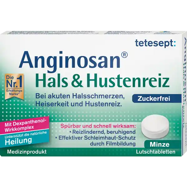 tetesept Anginosan Hals & Hustenreiz Lutschtabletten Minze: Цвет: Produktbeschreibung und details zuckerfrei bei akuten Halsschmerzen Heiserkeit Hustenreiz sprbar und schnell wirksam reizlindernd beruhigend effektiver SchleimhautSchutz durch Filmbildung mit DexpanthenolWirkkomplex untersttzt die natrliche Heilung mit angenehmfrischem PfefferminzGeschmack Kontaktdaten tetesept pharma gmbh D Frankfurt wwwteteseptde Zutaten Islndisch Moos Trockenextrakt Dexpanthenol Sorbitol Pfefferminzaroma Anwendung und Gebrauch Erwachsene und Kinder ab  Jahren lassen    mal tglich  Tablette im Mund zergehen Gebrauch Aufbewahrung und Verwendung Aufbewahrungs und Verwendungsbedingungen Nicht ber C lagern Warnhinweise und wichtige Hinweise Warnhinweise Fr Kinder unzugnglich aufbewahren Enthlt Sorbitol ampamp Pfefferminzaroma
https://www.rossmann.de/de/gesundheit-tetesept-anginosan-hals-und-hustenreiz-lutschtabletten-minze/p/4008491281423