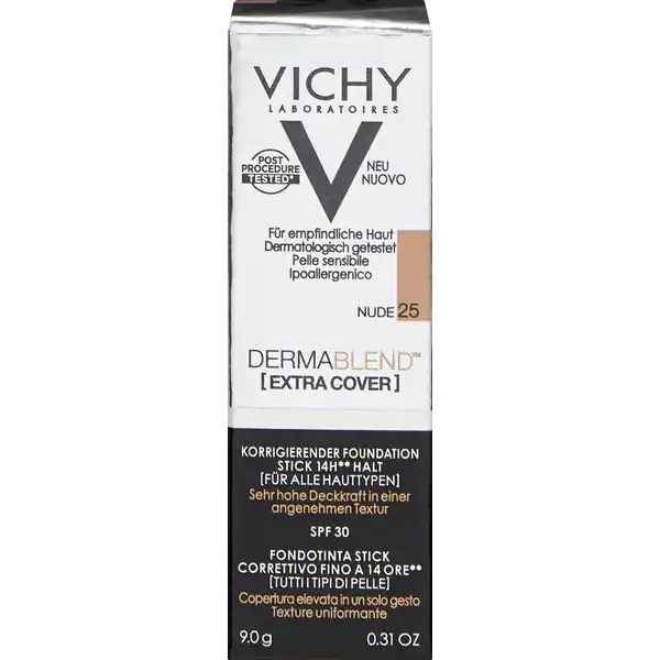 VICHY DERMABLEND [EXTRA COVER] korrigierender Foundation Stick 25 nude: Цвет: Produktbeschreibung und details Der DERMABLEND Extra Cover Stick h von Vichy ist ein hochpigmentierter Foundation Stick der Unebenmigkeiten sofort kaschiert Der Makeup Stick deckt Rtungen ab und schtzt die Haut dank LSF  vor UVStrahlung fr alle Hauttypen starke Deckkraft mattiert die Haut sofort und langanhaltend kaschiert dank hoher Deckkraft farbliche Unebenmigkeiten deckt Rtungen bis zu h lang ab sanfte Textur verschmilzt sofort mit der Haut unter dermatologischer und ophtalmologischer Aufsicht getestet getestet nach verschiedenen Hautbehandlungen nichtkomedogen auch fr empfindliche Haut geeignet LSF  Kontaktdaten VICHY CAICAF  Vichy France TSA   ST OUEN CEDEX FR wwwvichycom UrsprungslandHerkunftsort Frankreich Anwendung und Gebrauch  Schritt Die Haut mit einer Gesichtsreinigung reinigen und anschlieend die gewohnte Feuchtigkeitspflege vor Verwendung des Sticks auf die Haut auftragen Der Stick kann alleine oder als Ergnzung zu einer Foundation verwendet werden  Schritt Der Stick kann mit einem sauberen Finger oder mit einem Pinsel sanft auf die zu korrigierende Hautpartie aufgetragen werden Die Textur des Sticks durch leichten Klopfbewegungen mit den Fingerspitzen mit dem Teint verschmelzen lassen um Makeup Rnder zu vermeiden  Schritt Die Deckkraft kann durch mehrfaches auftragen erhht werden Wichtig ist dabei den Stick nicht auf unverheilte Wunden aufzutragen Inhaltsstoffe PARAFFINUM LIQUIDUM  MINERAL OIL  TALC  CERA ALBA  BEESWAX  BARIUM SULFATE  ISOPROPYL PALMITATE  STEARYL STEARATE  KAOLIN  MAGNESIUM CARBONATE  COPERNICIA CERIFERA CERA  CARNAUBA WAX  CERA MICROCRISTALLINA  MICROCRYSTALLINE WAX  ALLANTOIN  LAUROYL LYSINE  MAY CONTAIN  CI   TITANIUM DIOXIDE  CI  CI  CI   IRON OXIDES
https://www.rossmann.de/de/make-up-vichy-dermablend-extra-cover-korrigierender-foundation-stick-25-nude/p/3337875692885