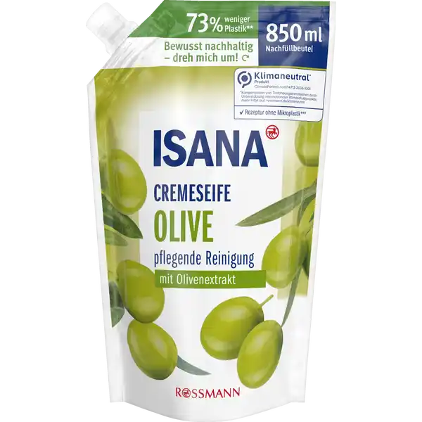 ISANA Cremeseife Olive Nachfllbeutel: Цвет: Produktbeschreibung und details Die ISANA SEIFEN reinigen deine Hnde sanft und schenken ein geschmeidiges Hautgefhl  Tag fr Tag Die ISANA CREMESEIFE OLIVE mit ausgesuchten Waschsubstanzen und einem natrlichen hautverwandten Pflegelipid schtzt und pflegt deine Haut beim Hndewaschen Der enthaltene SoftpflegeKomplex hlt deine Hnde zart und geschmeidig whrend der cremige Duft die Sinne verwhnt Hautvertrglichkeit dermatologisch besttigt pHhautneutral Rezeptur ist zu  ohne Mikroplastik vegan  weniger Plastik Weiterfhrende Informationen zum Thema Klimaneutralitt finden Sie unter rossmanndeklimaneutral und unter climatepartnercom Durch den Einsatz des Nachfllbeutels anstelle des ISANA Seifenspenders  ml wird die Plastikmenge pro  ml Seife um  verringert und du hilfst wertvolle Rohstoffe einzusparen siehe wwwrossmanndemikroplastikfrei Kontaktdaten Dirk Rossmann GmbH Isernhgener Str   Burgwedel wwwrossmannde UrsprungslandHerkunftsort Deutschland Testurteile Qualittssiegel ampamp Verbandszeichen Inhaltsstoffe Aqua Sodium Laureth Sulfate Cocamidopropyl Betaine Sodium Chloride CocoGlucoside Glyceryl Oleate Sodium Lactate Parfum Olea Europaea Leaf Extract Propylene Glycol Glycol Distearate Laureth Glycerin Hydrogenated Vegetable Glycerides Citrate Tocopherol Sodium Citrate Formic Acid Citric Acid Sodium Benzoate Potassium Sorbate
https://www.rossmann.de/de/pflege-und-duft-isana-cremeseife-olive-nachfuellbeutel/p/4305615923598