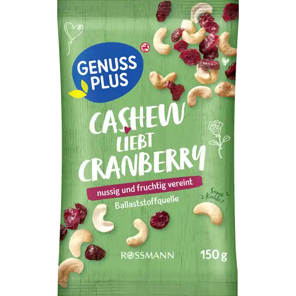 GENUSS PLUS Cashew liebt Cranberry: Цвет: Produktbeschreibung und details Gegenstze ergnzen einander  zu einem abgerundeten Geschmackserlebnis Cashew liebt Cranberry vereint das Beste aus mildknackigen Cashews und ssuerlichen Cranberries Eine kstliche Komposition zum Snacken oder in deinem Morgenmsli nussig und fruchtig vereint Ballaststoffquelle glutenfrei laktosefrei vegan Von Natur aus vegan glutenfrei und laktosefrei Laktosegehalt unter  g g Lebensmittelunternehmer Name Dirk Rossmann GmbH Adresse Isernhgener Str   Burgewedel Germany wwwrossmannde      Testurteile Qualittssiegel ampamp Verbandszeichen Rechtlich vorgeschriebene Produktbezeichnung MISCHUNG AUS CASHEWKERNEN UND GETROCKNETEN GEZUCKERTEN CRANBERRIES Zutaten  CASHEWKERNE   getrocknete Cranberries  Cranberries  Zucker Sonnenblumenl Kann Spuren von weiteren SCHALENFRCHTEN und ERDNSSEN enthalten Nhrwerte Durchschnittliche Nhrwertangaben pro  g Energie  kj   kcal Fett  g davon  gesttigte Fettsuren  g  einfach ungesttigte Fettsuren  g  mehrfach ungesttigte Fettsuren  g Kohlenhydrate  g davon  Zucker  g Ballaststoffe  g Eiwei  g Salz  g Gebrauch Aufbewahrung und Verwendung Aufbewahrungs und Verwendungsbedingungen Trocken und vor Wrme geschtzt lagern Rei mich auf verschlie mich gut und knabbere alles innerhalb weniger Tage auf Warnhinweise und wichtige Hinweise Warnhinweise ACHTUNG Nsse knnen in die Atemwege von Kleinkindern gelangen
https://www.rossmann.de/de/lebensmittel-genuss-plus-cashew-liebt-cranberry/p/4305615839523