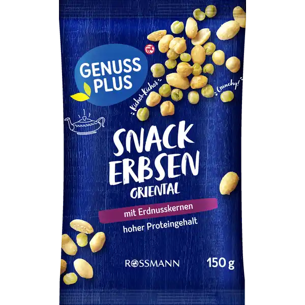 GENUSS PLUS Erbsen Snack Oriental: Цвет: Produktbeschreibung und details Snack doch mal orientalisch Viel Protein viele Ballaststoffe  und lecker gewrzte Kichererbsen und grne Erbsen Unsere Snack Erbsen Oriental werden fr dich gekocht und getrocknet bevor sie ihren kstlichen Falafel Geschmack erhalten Ein wrziger Snack fr jede Gelegenheit und Gesellschaft mit Erdnusskernen hoher Proteingehalt laktose und glutenfrei vegan Lebensmittelunternehmer Name Dirk Rossmann GmbH Adresse Isernhgener Str   Burgwedel wwwrossmannde Testurteile Qualittssiegel ampamp Verbandszeichen Rechtlich vorgeschriebene Produktbezeichnung Mischung aus gersteten Erdnusskernen und gegarten getrockneten Erbsen gesalzen und gewrzt Zutaten  ERDNUSSKERNE gerstet  grne Erbsen gegart getrocknet  Kichererbsen gegart getrockent Sonnenblumenl Rapsl Salz Zucker Gewrze Zitronenfruchtpulver Zitronensaftkonzentrat Maltodextrin Kann Spuren von SCHALENFRCHTEN enthalten Nhrwerte Durchschnittliche Nhrwertangaben pro  g Energie  kj   kcal Fett  g davon  gesttigte Fettsuren  g Kohlenhydrate  g davon  Zucker  g Ballaststoffe  g Eiwei  g Salz  g Gebrauch Aufbewahrung und Verwendung Aufbewahrungs und Verwendungsbedingungen Trocken lagern und vor Wrme schtzen Warnhinweise und wichtige Hinweise Warnhinweise ACHTUNG Nsse und Hlsenfrchte knnen in die Atemwege von Kleinkindern gelangen Unter Schutzatmosphre verpackt
https://www.rossmann.de/de/lebensmittel-genuss-plus-erbsen-snack-oriental/p/4305615839493