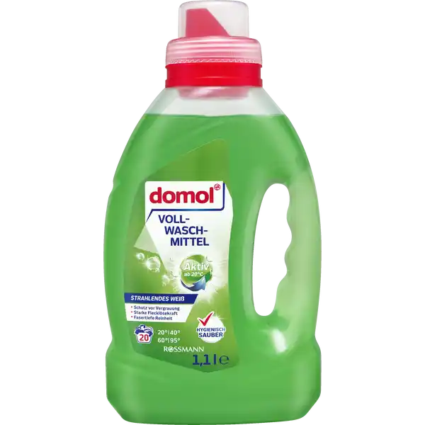 domol Vollwaschmittel Flssig  WL: Цвет: https://www.rossmann.de/de/haushalt-domol-vollwaschmittel-fluessig-20-wl/p/4068134024022
Produktbeschreibung und details Freuen Sie sich auf starke Reinigungskraft fr Ihre Wsche und ein herrlich frisches Dufterlebnis  mit dem domol Vollwaschmittel strahlendes Wei Schutz vor Vergrauung starke Flecklsekraft fasertiefe Reinheit hygienisch sauber        Kontaktdaten Dirk Rossmann GmbH Isernhgener Strae   Burgwedel wwwrossmannde  UrsprungslandHerkunftsort EU Anwendung und Gebrauch die Pflegehinweise in den Textilien beachten und die Wsche vorsortieren nicht farbechte Textilien separat bei max C waschen nicht fr Wolle oder Seide geeignet hartnckige Flecken bei Bedarf vorbehandeln mit mglichst niedriger Temperatur waschen aktiv bereits ab C fr leicht verschmutzte Wsche ein umweltschonendes EcoWaschprogramm und fr stark verschmutzte Wsche hhere Temperaturen whlen gem Wasserhrte Verschmutzungsgrad und Beladung der Waschmaschine dosieren siehe Dosiertabelle und die empfohlene Beladungsmenge des Gerteherstellers beachten domol Vollwaschmittel sparsam ber die Einsplkammer dosieren die Wasserhrte ist bei Ihrem rtlichen Wasserwerk in Erfahrung zu bringen Inhaltsstoffe  anionische Tenside  nichtionische Tenside unter  Seife Phosphonate Weitere Inhaltsstoffe Duftstoffe LINALOOL Enzyme optische Aufheller Konserverungsstoffe PHENOXYETHANOL Bitterstoff Warnhinweise und wichtige Hinweise Warnhinweise GEFAHR Enthlt MEAC ALKYL BENZENESUL FONATE C PARETH C PARETH SODIUM LAURETH SULFATE Verursacht Hautreizungen Verursacht schwere Augenschden Schdlich fr Wasserorganismen mit langfristiger Wirkung Ist rztlicher Rat erforderlich Verpackung oder Kennzeichnungsetikett bereithalten Darf nicht in die Hnde von Kindern gelangen Nach Gebrauch Hnde grndlich waschen Freisetzung in die Umwelt vermeiden Augenschutz tragen BEI BERHRUNG MIT DER HAUT Mit viel WasserSeife waschen BEI KONTAKT MIT DEN AUGEN Einige Minuten lang behutsam mit Wasser splen Eventuell vorhandene Kontaktlinsen nach Mglichkeit entfernen Weiter splen Sofort GIFTINFORMATIONSZENTRUMArzt anrufen InhaltBehlter entsprechend den rtlichen Vorschriften der Entsorgung zufhren