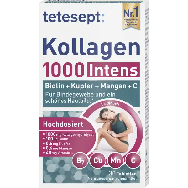 tetesept Kollagen 1000 Intens: Цвет: https://www.rossmann.de/de/gesundheit-tetesept-kollagen-1000-intens/p/4008491132916
Produktbeschreibung und details Kollagen ist das wichtigste Strukturprotein der Haut Es befindet sich vor allem im Bindegewebe Kollagen wird tglich neu gebildet wobei die Fhigkeit der Haut zur Kollagenproduktion schon ab  Jahren stetig abnimmt Eine regelmige Zufuhr von Vitaminen und Mineralstoffen kann helfen die Haut von innen zu untersttzen tetesept Kollagen  Intens kombiniert  mg Kollagen mit essentiellen Vitaminen und Mineralstoffen fr die Haut und das Bindegewebe Dank der ausgewhlten Nhrstoffe trgt tetesept Kollagen  Intens bei zu einer normalen Bindegewebsbildung dank Mangan zur Erhaltung von normalem Bindegewebe dank Kupfer zu einer normalen Kollagenbildung fr eine normale Funktion der Haut dank Vitamin C Zu diesen Funktionen zhlt zB die Hautelastizitt zum Schutz der Zellen vor oxidativem Stress dank Vitamin C Kupfer und Mangan zur Erhaltung normaler Haut dank Biotin zu einer normalen Hautpigmentierung dank Kupfer Lebensmittelunternehmer Name Merz Consumer Care GmbH Adresse Eckenheimer Landstrae   Frankfurt am Main wwwteteseptde Rechtlich vorgeschriebene Produktbezeichnung Nahrungsergnzungsmittel mit Kollagen Vitamin C Biotin Kupfer und Mangan Zutaten Kollagenhydrolysat  Ascorbinsure Vitamin C berzugsmittel Hydroxypropylmethylcellulose Trennmittel Magnesiumsalze der Speisefettsuren Talkum berzugsmittel Hydroxypropylcellulose Farbstoff Eisenoxid rot Calciumcarbonat ManganIIsulfatMonohydrat KupferIIsulfat l pflanzlich Kokosnuss DBiotin Nhrwerte Durchschnittliche Nhrwertangaben pro  Portion Tagesdosis NRV Kupfer  mg   Mangan  mg   Vitamin C  mg   Biotin  g   Anwendung und Gebrauch x tglich  Tablette mit ausreichend Flssigkeit verzehren Gebrauch Aufbewahrung und Verwendung Aufbewahrungs und Verwendungsbedingungen Vor Hitze und direkter Lichteinstrahlung schtzen Fr kleine Kinder unzugnglich aufbewahren Warnhinweise und wichtige Hinweise Warnhinweise Die empfohlene tgliche Verzehrsmenge darf nicht berschritten werden Nahrungsergnzungsmittel sind kein Ersatz fr eine abwechslungsreiche und ausgewogene Ernhrung die zusammen mit einer gesunden Lebensweise von Bedeutung ist