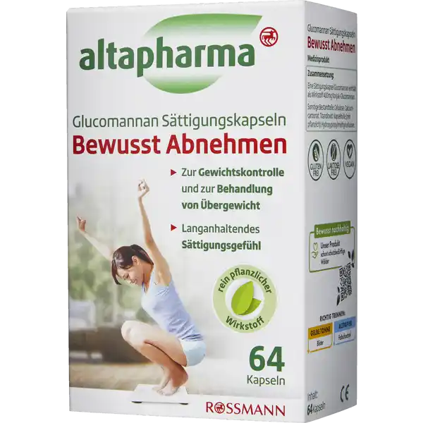 altapharma Bewusst Abnehmen Glucomannan Sttigungskapseln: Цвет: Produktbeschreibung und details Die Kapseln lsen sich nach Einnahme im Magen auf und ber das natrliche Quellvermgen des Inhaltsstoffes KonjakGlucomannan nimmt dieser ein Vielfaches seines ursprnglichen Volumens ein Dadurch entsteht ein angenehmes Sttigungsgefhl wodurch Sie auf natrliche Weise bei der anschlieenden Mahlzeit weniger essen mssen oder lngere Zeitspannen zwischen den einzelnen Mahlzeiten versteichen lassen knnen um sich satt zu fhlen So wird automatisch der Magen im Laufe der Zeit daran gewhnt mit weniger Nahrung auszukommen und es werden gleichzeitig Kalorien eingespart So essen Sie weniger und fhlen sich trotzdem angenehm satt ohne dass Sie stndig Hunger haben Zusammen mit einer ausgewogenen Ernhrung untersttzt Glucomannan Sttigungskapseln Sie dabei Ihr Wunschgewicht zu erreichen Der Inhaltsstoff selbst wird unverdaut auf natrliche Weise wieder ausgeschieden Im Rahmen eines Ditplanes bei Diabetes Mellitus werden Glucomannan Sttigungskapseln nicht mit angerechnet Kontaktdaten Dirk Rossmann GmbH Isernhgener Strae   Burgwedel wwwrossmannde UrsprungslandHerkunftsort Deutschland Testurteile Qualittssiegel ampamp Verbandszeichen Zutaten Eine Sttigungskapsel Glucomannan enthlt als Wirkstoff  mg KonjakGlucomannan Sonstige Bestandteile Cellulose Calciumcarbonat Titandioxid Kapselhlle rein pflanzlich Hydroxypropylmethylcellulose Anwendung und Gebrauch Nehmen Sie tglich  bis  Kapseln eine halbe bis eine Stunde vor den Mahlzeiten ein Die Kapseln unzerkaut mit viel kalorienfreier Flssigkeit mindestens  ml zB    Glser ungestem Tee oder Wasser einnehmen Gebrauch Aufbewahrung und Verwendung Aufbewahrungs und Verwendungsbedingungen Fr Kinder unzugnglich aufbewahren Trocken und nicht ber C lagern Warnhinweise und wichtige Hinweise Warnhinweise Nicht bei Kindern unter  Jahren anwenden Verwenden Sie Glucomannan Sttigungskapseln nicht whrend der Schwangerschaft und Stillzeit Personen die unter Erkrankungen des Verdauungstraktes leiden oder schon Manahmen zur Verkleinerung des Magenvolumens eingeleitet haben sollten Glucomannan Sttigungskapseln nur nach vorheriger Absprache mit ihrem Arzt einnehmen Bei Fortbestehen oder Zunahme der Beschwerden sollte zustzlicher Rat eines Arztes oder Apothekers eingeholt werden Vorsichtsmanahmen und ausfhrliche Verwendungshinweise siehe Packungsbeilage Auf ausreichende tgliche Flssigkeitszufuhr achten
https://www.rossmann.de/de/gesundheit-altapharma-bewusst-abnehmen-glucomannan-saettigungskapseln/p/4305615901374