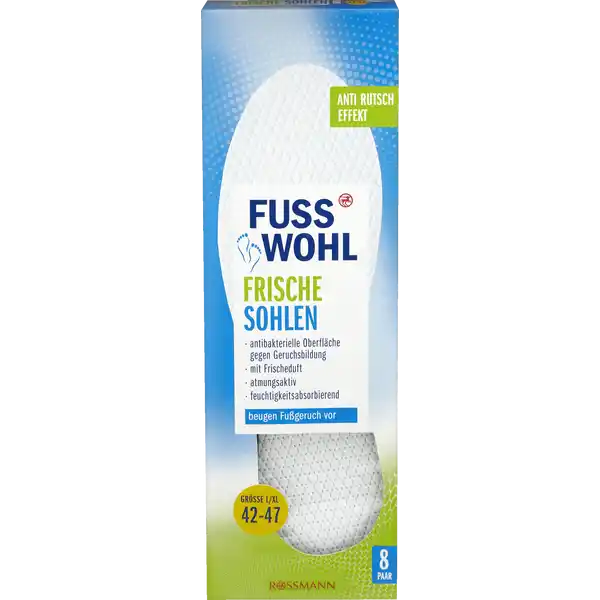 FUSSWOHL Frische Sohlen weiss Gre LXL: Цвет: Produktbeschreibung und details Die ultradnnen atmungsaktiven FUSSWOHL FRISCHESOHLEN mit Mikroduftkapseln verleihen hygienische Fufrische bis zu  Tage antibakterielle Wirkstoffe beugen geruchsbildenden Bakterien auf der Sohle vor optimaler Tragekomfort dank hoch saugfhigem Cellulosekern der Feuchtigkeit absorbiert mit AntiRutschEffekt fr angenehmen Halt Hautvertrglichkeit dermatologisch besttigt beugen Fugeruch vor antibakterielle Oberflche gegen Geruchsbildung mit Frischeduft atmungsaktiv feuchtigkeitsabsorbierend Kontaktdaten Dirk Rossmann GmbH Isernhgener Strae   Burgwedel wwwrossmannde UrsprungslandHerkunftsort Schweiz Anwendung und Gebrauch Ein Sohlenpaar voneinander trennen mit der blauen Seitenach unten in den Schuh einlegen und andrcken Gre L kann mitder heraustrennbaren Grenschablone zugeschnitten werden Gebrauch Aufbewahrung und Verwendung Aufbewahrungs und Verwendungsbedingungen Bitte bei Raumtemperatur lagern Die Sohle ist mit einembioziden Produkt behandelt Wirkstoff Pyrithionzink
https://www.rossmann.de/de/gesundheit-fusswohl-frische-sohlen-weiss-groesse-lxl-42-47/p/4305615640006