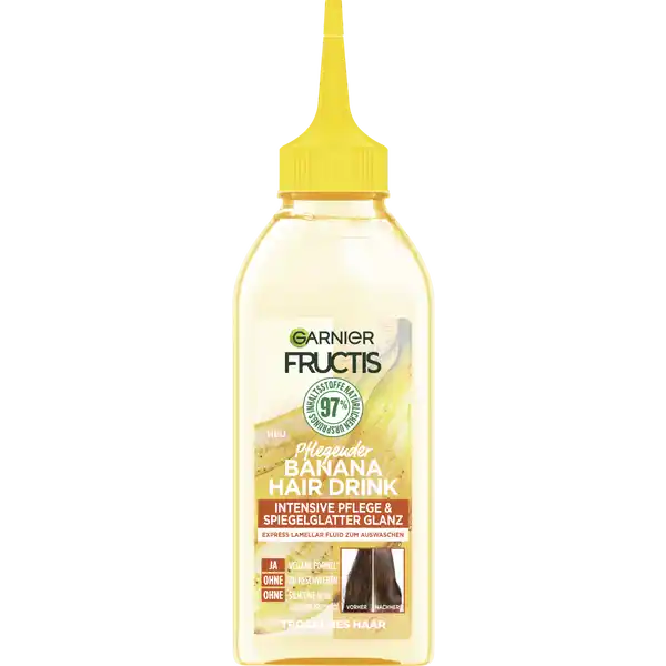 Garnier Fructis Pflegender Banana Hair Drink: Цвет: Produktbeschreibung und details Der Garnier Fructis Bananen Hair Drink ist ein reichhaltiges Haarfluid welches speziell auf die Bedrfnisse von trockenem Haar abgestimmt wurde Die Formel mit Inhaltsstoffen natrlichen Ursprungs wie Banane und Kokosnussl enthlt winzig kleine Lamellen die sich in die Risse auf der Haaroberflche legen um die Haare weich zu pflegen Dabei bietet das Express Lamellar Haarfluid sowohl eine intensive Pflege als auch einen wunderschnen Glanz  ohne zu beschweren Gleichzeitig frdert die Formel ein natrliches Haargefhl fr trockenes Haar enthlt winzig kleine Lamellen angereichert mit Banane und Kokosnussl pflegt die Haare weich und geschmeidig vegane Formel ohne Silikone Kontaktdaten GARNIER TSA   ST OUEN CEDEX FR wwwgarnierde Anwendung und Gebrauch Vor Gebrauch schttteln Nach der Wsche der Haare diese sanft ausdrcken Nun das Haarfluid in die Lngen auftragen und fr etwa zehn Sekunden einmassieren Fr feines Haar empfiehlt sich ein Shot whrend dickeres Haar zwei bis drei Shots bentigt Bei langem Haar sollte ein extra Shot verwendet werden Im Anschluss die Haare grndlich unter klarem warmem Wasser aussplen Gebrauch Aufbewahrung und Verwendung Aufbewahrungs und Verwendungsbedingungen Khl und trocken lagern Inhaltsstoffe PROPYLENE GLYCOL  ALCOHOL DENAT  CETYL ALCOHOL  PARFUM  FRAGRANCE  STEARAMIDOPROPYL DIMETHYLAMINE  MUSA SAPIENTUM WATER  BANANA WATER  COCOS NUCIFERA OIL  COCONUT OIL  DICAPRYLYL CARBONATE  DICAPRYLYL ETHER  AQUA  WATER  GLYCERIN  PROPYLENE GLYCOL DICAPRYLATEDICAPRATE  LACTIC ACID  TOCOPHEROL  POTASSIUM SORBATE  SODIUM BENZOATE  COUMARIN  BENZYL ALCOHOL FIL Z
https://www.rossmann.de/de/pflege-und-duft-garnier-fructis-pflegender-banana-hair-drink/p/3600542502672