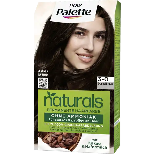 Poly Palette NATURALS Permanente Haarfarbe 3-0 Dunkelbraun: Цвет: Produktbeschreibung und details PALETTE  deine beste Wahl in Sachen Farbe Natrlich aussehende ampamp langanhaltende Farben fr starkes ampamp gepflegtes Haar Die Formel ohne Ammoniak enthlt nhrstoffreichen Kakao der speziell fr braunes Haar geeignet ist Die facettenreichen Farbpigmente dringen tief in die Haarfaser ein und sorgen fr ein natrlich aussehendes sattes Braun mit bis zu  Grauabdeckung Intensiv gepflegtes Haar Dank des pflegenden Conditioners mit Hafermilch wird Ihr Haar von innen heraus genhrt Fr intensiv gepflegtes Haar und glnzende Farbe die Ihnen ein gesundes und weiches Haargefhl verleiht Unser Versprechen Gemeinsam schaffen wir schne Momente fr eine bunte und nachhaltige Welt vegane Formel frei von Inhaltsstoffen tierischen Ursprungs  Silikone  Ammoniak recyceltes Papier  recycelte AluminiumTube recycelbare Faltschachtel Be Smarter Recycle enthlt  Tube mit ColorCreme  ml  Applikationsflasche mit Entwickleremulsion  ml  Sachet mit PflegeConditioner  Paar Handschuhe  Gebrauchsanweisung Unsere Empfehlung Diese Coloration ist fr hellblondes bis schwarzbraunes Haar geeignet Geeignet fr bis zu  ergrautes Haar Bei mehr als kinnlangem oder dickem Haar empfehlen wir zwei Packungen zu verwenden Kontaktdaten Schwarzkopf ampamp Henkel a division of Henkel AG ampamp Co KGaA D Dsseldorf wwwschwarzkopfde Anwendung und Gebrauch Vorbereitung  Bevor Sie mit der Anwendung beginnen legen Sie einen Kleiderschutz und eine Uhr zur Kontrolle bereit Legen Sie den Kleiderschutz um und ziehen Sie die mitgelieferten Handschuhe an POLY PALETTE NATURALS permanente Coloration wird auf trockenem nicht vorgewaschenem Haar angewendet Mischen   Schrauben Sie die Verschlusskappe der Applikationsflasche ab  ffnen Sie die ColorCreme indem Sie die Tubenversiegelung mit der Rckseite der Verschlusskappe durchstechen Geben Sie den gesamten Inhalt der Tube in die Applikationsflasche mit Entwickleremulsion Schrauben Sie die Applikationsflasche so fest wie mglich zu  Starten Sie den Mischvorgang indem Sie die Applikationsflasche hin und her rollen Schtteln Sie die Flasche anschlieend so lange krftig vertikal bis alles vollstndig zu einer geschmeidigen Creme vermischt ist Brechen Sie anschlieend die Spitze der Anwendungsflasche ab  Beginnen Sie ohne Verzgerung mit der Anwendung ACHTUNG Bei einigen Farbtnen verndert sich die Farbe der Mischung whrend der Anwendung Dies hat keinen Einfluss auf das Farbergebnis  a Erst  Gesamtanwendung  die Anwendung wird empfohlen wenn  Sie Ihr Haar zum ersten Mal dauerhaft frben oder  die vorherige Haarfarbe vollstndig herausgewachsen ist dh kein Ansatz zu sehen ist Behalten Sie den Kleiderschutz und die Plastikhandschuhe whrend der gesamten Anwendung an Verteilen Sie die Colorationsmischung ohne Verzgerung Strhne fr Strhne grndlich auf dem gesamten Haar sodass die Aufhellungsmischung gleichmig das Haar bedeckt Lassen Sie die Aufhellungsmischung fr  Minuten einwirken  b Ansatzbehandlung  die Anwendung wird empfohlen wenn  Ihr Haar bereits dauerhaft gefrbt und ein Ansatz sichtbar ist  Ihre Haarspitzen dunkler bzw heller oder in einem schlechten Zustand sind Behalten Sie den Kleiderschutz und die Plastikhandschuhe whrend der gesamten Anwendung an Teilen Sie jeweils eine Haarpartie mit der Spitze der Anwendungsflasche zu einem Scheitel ab und tragen Sie etwa  der Mischung am Scheitel entlang auf Verteilen Sie sie mit den Fingern beiliegende Handschuhe bitte anbehalten auf dem Haaransatz Wiederholen Sie diesen Vorgang auf dem gesamten Haaransatz und vergewissern Sie sich dass der gesamte Haaransatz gleichmig bedeckt ist Lassen Sie die Colorationsmischung  Minuten einwirken bis Ihr Haaransatz ungefhr dieselbe Farbe hat wie Ihr restliches Haar Falls ntig feuchten Sie Ihre Haarspitzen etwas an und verteilen Sie den Rest der Mischung anschlieend im gesamten Haar um ein gleichmiges Ergebnis zu erzielen Lassen Sie die Mischung fr weitere  Minuten einwirken  Aussplen  Ziehen Sie sich die Handschuhe wieder an bevor Sie Ihre Haare auswaschen Nach Ablauf der Einwirkzeit schumen Sie das Haar mit warmen Wasser auf und splen es dann grndlich aus bis das Wasser klar ist  Nachbehandlung  Als pflegende Nachbehandlung verteilen Sie den PflegeConditioner im nassen Haar Lassen Sie ihn  Minuten einwirken und splen Sie ihn dann grndlich aus Empfehlung Fr sichtbar langanhaltende Farbergebnisse und Glanz empfehlen wir das Schauma Shampoo Color Glanz zu verwenden Inhaltsstoffe ColorCreme Aqua Water Eau Cetearyl Alcohol Ethanolamine Glyceryl Stearate SE TolueneDiamine Sulfate Ceteareth Octyldodecanol Sodium Laureth Sulfate Resorcinol Sodium Cetearyl Sulfate Parfum Fragrance Serine mAminophenol Oleic Acid Sodium Sulfite Glycerin Theobroma Cacao Cocoa Seed Butter Etidronic Acid Carbomer AminoHydroxyethylaminoanisole Sulfate Potassium Hydroxide Ascorbic Acid Limonene Linoleamidopropyl PGDimonium Chloride Phosphate Propylene Glycol Sodium Sulfate Linalool Hexyl Cinnamal Benzyl Alcohol Benzoic Acid Entwickleremulsion Aqua Water Eau Hydrogen Peroxide Cetearyl Alcohol PEG Castor Oil Etidronic Acid Sodium Cetearyl Sulfate Dicarboxypyridine Disodium Pyrophosphate Potassium Hydroxide Sodium Benzoate PflegeConditioner Aqua Water Eau Cetearyl Alcohol Quaternium Propylene Glycol Avena Sativa Oat Kernel Extract Prunus Armeniaca Apricot Kernel Oil Prunus Amygdalus Dulcis Sweet Almond Oil Isopropyl Myristate Distearoylethyl Hydroxyethylmonium Methosulfate Citric Acid Phenoxyethanol Stearamidopropyl Dimethylamine Polyquaternium Ceteareth Glyceryl Stearate Sodium Methylparaben Dicaprylyl Carbonate Parfum Fragrance Glycerin Linalool Limonene Hexyl Cinnamal Benzyl Salicylate Lauryl Glucoside Citronellol Benzyl Alcohol Hydrogenated Lecithin Warnhinweise und wichtige Hinweise Warnhinweise Haarfrbemittel knnen schwere allergische Reaktionen hervorrufen Bitte folgende Hinweise lesen und beachten Dieses Produkt ist nicht fr Personen unter  bestimmt Temporre Ttowierungen mit schwarzem Henna knnen das Allergierisiko erhhen Frben Sie Ihr Haar nicht wenn Sie einen Ausschlag im Gesicht haben oder wenn Ihre Kopfhaut empfindlich gereizt oder verletzt ist wenn Sie schon einmal nach dem Frben Ihrer Haar eine Reaktion festgestellt haben wenn eine temporre Ttowierung mit schwarzem Henna bei Ihnen schon einmal eine Reaktion verursacht hat Vorsicht Enthlt Wasserstoffperoxid Phenylendiamine Toluylediamine und Resorcin Vollstndige Inhaltsdeklaration siehe Packungsboden Kontakt mit Augen vermeiden Sofort Augen splen falls das Erzeugnis mit den Augen in Berhrung gekommen ist Nicht zur Frbung von Wimpern und Augenbrauen verwenden Nach Anwendung die Haare gut splen Geeignete Handschuhe tragen Fhren Sie einen Allergieverdachtstest  Stunden vor jeder Anwendung einer Haarcoloration durch siehe Gebrauchsanweisung auch wenn sie schon frher Haarcolorationen angewendet haben Daher denken Sie bitte daran das Produkt  Stunden vor der Anwendung zu kaufen Falls hierbei eine Hautvertrglichkeit auftritt oder Zweifel bestehen fragen Sie bitte einen Hautarzt bevor Sie eine Haarcoloration anwenden Darf nicht in die Hnde von Kindern gelangen
https://www.rossmann.de/de/pflege-und-duft-poly-palette-naturals-permanente-haarfarbe-3-0-dunkelbraun/p/4015100744330