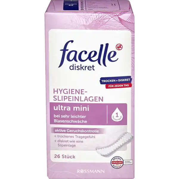 facelle diskret Hygiene-Slipeinlagen ultra mini: Цвет: Produktbeschreibung und details Hohe Saugleistung Die schnelle Flssigkeitsaufnahme sorgt fr ein langanhaltendes Trockengefhl Bei sehr leichter Blasenschwche Maximale Saugleistung  ml Tragekomfort Die besonders weiche Oberflche und die krpergerechte Form gewhrleisten einen bestmglichen Tragekomfort Der breite Haftstreifen ermglicht einen optimalen Sitz der Einlage Hautvertrglichkeit dermatologisch besttigt Sicherer Auslaufschutz Fr ein angenehmes Frischegefhl werden die Gerche schnell und sicher eingeschlossen Diskret wie eine normale Slipeinlage mit einem Vielfachen an Sicherheit x FrischSystem Das fachfrischSystem entfernt und neutralisiert Gerche und beugt somit aktiv einer Geruchsentstehung vor Kontaktdaten Dirk Rossmann GmbH Isernhgener Str   Burgwedel wwwrossmannde   UrsprungslandHerkunftsort Hergestellt in der EU Testurteile Qualittssiegel ampamp Verbandszeichen
https://www.rossmann.de/de/pflege-und-duft-facelle-diskret-hygiene-slipeinlagen-ultra-mini/p/4305615604992