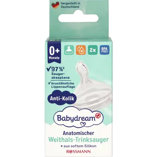 Babydream Weithals-Trinksauger Gr. M 0+ Monate: Цвет: Produktbeschreibung und details Als Mutter wissen Sie Stillen ist das Beste fr Ihr Kind Babynahrung sollte nur wie vom Hersteller empfohlen zubereitet und gefttert werden Unser Babydream WeithalsTrinksauger in anatomicher Form passt auf alle Babydream und NUKWeithalsflaschen auer Nature Sense Dicker Saugerrand Der extradicke Saugerrand sorgt fr eine gute Abdichtung der Flasche Schrauben Sie den Ring bitte fest genug zu um das Austreten von Flssigkeiten zu vermeiden Anti Kolik Das Ventil unseres Babydream Trinksaugers sorgt fr einen Druckausgleich beim Trinken und vermindert so die Gefahr von Suglingskoliken durch schdliches Luftschlucken verschiedene Gren des Trinksaugers M fr Milchnahrung anatomisch Anti Kolik aus Silikon dieser Babydream Artikel entspricht der EN  ber  Saugerakzeptanz NOVATEX Produkttest   n  von  der Babys akzeptierten den Sauger Kontaktdaten Dirk Rossmann GmbH Isernhgener Strae   Burgwedel wwwrossmannde Anwendung und Gebrauch So reinigen Sie den Trinksauger Vor dem ersten Gebrauch Kochen Sie Sauger Flasche und Flaschenzubehr  Minuten lang ausund achten Sie dabei immer auf ausreichend Wasser im Topf um Materialschden zu vermeiden Dampfkochtopf Mikrowellengert und Geschirrsplmaschine sind fr das Reinigen und Auskochen nicht geeignet Vor jeder Benutzung Reinigen Sie Sauger Flasche und Flaschenzubehr grndlich unter flieendemwarmem Wasser oder mit handelsblichem Splmittel Regelmig Kochen Sie Sauger Flasche und Flaschenzubehr wie oben beschrieben ca  Minuten lang aus Gebrauch Aufbewahrung und Verwendung Aufbewahrungs und Verwendungsbedingungen Bitte wechseln Sie den Sauger nach ein bis zweimonatigem Gebrauch aus hygienischen und Sicherheitsgrnden aus Bitte Produkt und Gebrauchshinweise aufbewahren Fr den Reklamationsfall Anschrift ArtNr EANCode und Verpackung aufbewahren Warnhinweise und wichtige Hinweise Warnhinweise Zur Sicherheit und Gesundheit Ihres Kindes ACHTUNG Dieses Produkt darf nur unter Aufsicht von Erwachsenen verwendet werden Ernhrungssauger drfen niemals als Schnuller verwendet werden Andauerndes und lngeres Saugen von Flssigkeiten verursacht Karies Zahnfule Das gilt besonders fr geste Getrnke bzw Nahrung saure Fruchtund Gemsesfte Sauger nicht in Medizin tauchen Immer die Temperatur des Nahrungsmittels vor dem Fttern berprfen Bewahren Sie alle nicht verwendeten Einzelteile unbedingt auerhalb der Reichweite von Kindern auf Kleinteile wie zB die Dichtscheibe und der Trinksauger knnten verschluckt werden bzw zu Erstickungsgefahr fhren Schrauben Sie den Ring immer fest genug zu um das Austreten von Flssigkeit zu vermeiden Ihr Kind knnte durch intensives Saugen den Trinksauger aus dem Ring ziehen  hier droht Erstickungsgefahr Prfen Sie Sauger und Flasche vor jedem Gebrauch Ziehen Sie den Sauger vor dem Gebrauch in alle Richtungen um sich von ausreichender Reifestigkeit zu berzeugen Nicht im direkten Sonnenlicht in der Wrme oder lngere Zeit in einer desinfizierenden Lsung belassen  Materialschden knnen die Folge sein Tauschen Sie den Sauger bei erstem Auftreten von Gebrauchsspuren sofort aus Risse Bissspuren Klebrigkeit oder Formvernderung knnten zum Ablsen und Verschlucken von Teilen fhren Wechseln Sie den Sauger in jedem Fall nach ein bis zweimonatigem Gebrauch aus hygienischen und Sicherheitsgrnden aus Trinkflaschen knnen Kratzer oder Risse aufweisen evtl knnten diese aufbrechen  Verletzungsgefahr Tauschen Sie die Flasche aus Erhitzen Sie keinesfalls mit Nahrung gefllte verschlossene Flaschen in der Mikrowelle  hier droht Explosionsgefahr und Materialschden knnen die Folge sein Der Flascheninhalt knnte sich explosionsartig freisetzen Durch ungleichmiges Erhitzen besteht Verbrhungsgefahr
https://www.rossmann.de/de/baby-und-spielzeug-babydream-weithals-trinksauger-gr-m-0-monate/p/4305615696751