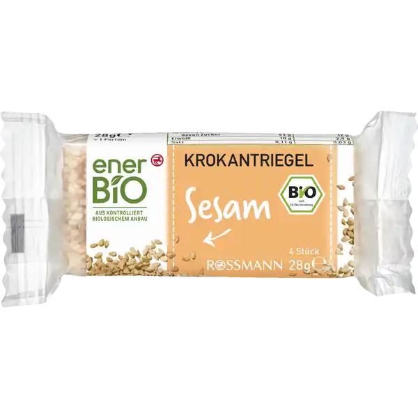 enerBiO Krokantriegel Sesam: Цвет: Produktbeschreibung und details Klassiker mit Crunch Jeder Biss ein gehaltvoller BioGenuss Unser enerBio Krokantriegel hllt schonend gersteten Sesam in knackigen Krokant Der Sesam entfaltet dadurch seinen vollen wundervoll nussigen Geschmack und punktet durch seinen natrlichen hohen Ballaststoffgehalt Htten Sies gewusst Sesam ffne dich Um die wertvollen Samen der Sesamfrucht zu erhalten gilt es den richtigen Moment abzuwarten Denn ansonsten sind die Samen noch zu unreif bereits verweht oder herausgefallen Alle Produkte unserer ROSSMANNMarke enerBiO stammen aus kontrolliert biologischem Anbau Durch eine schonende sorgfltige Verarbeitung erhalten wir hierbei sowohl die Hochwertigkeit als auch den natrlichen Geschmack Zudem lassen wir unsere Produkte regelmig durch unabhngige Institute berprfen  so gewhrleisten wir eine gleichbleibende Qualitt vegan glutenfrei laktosefrei Laktosegehalt unter  g g Lebensmittelunternehmer Name Dirk Rossmann GmbH Adresse Isernhgener Strae   Burgwedel wwwrossmannde   Bio Zertifikat GRBIO UrsprungslandHerkunftsort EUNichtEULandwirtschaft Testurteile Qualittssiegel ampamp Verbandszeichen Rechtlich vorgeschriebene Produktbezeichnung Bio Sesamriegel Zutaten   SESAMSAMEN  Maltosesirup Rohrzucker Laktosegehalt unter  g g aus kontrolliert biologischem Anbau Kann Spuren von ERDNSSEN und SCHALENFRCHTEN enthalten Nhrwerte Durchschnittliche Nhrwertangaben pro  g pro  Portion Pro Portion  g Energie  kj   kcal  kj   kcal Fett  g  g davon  gesttigte Fettsuren  g  g Kohlenhydrate  g  g davon  Zucker  g  g Eiwei  g  g Salz  g  g Gebrauch Aufbewahrung und Verwendung Aufbewahrungs und Verwendungsbedingungen Trocken lagern und vor Wrme schtzen
https://www.rossmann.de/de/lebensmittel-enerbio-krokantriegel-sesam/p/4305615678801