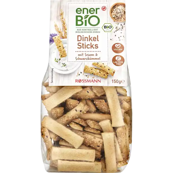 enerBiO Dinkel Sticks Sesam amp Schwarzkmmel: Цвет: Produktbeschreibung und details Tipp fr Knabbergenieer Kstlich Servieren Sie unsere Dinkel Sticks zum Wein oder Aperitif oder aber mit Quark Kse oder Senfsaucen Alle Produkte unserer ROSSMANNMarke enerBiO stammen aus kontrolliert biologischem Anbau Durch eine schonende sorgfltige Verarbeitung erhalten wir hierbei sowohl die Hochwertigkeit als auch den natrlichen Geschmack Zudem lassen wir unsere Produkte regelmig durch unabhngige Institute berprfen  so gewhrleisten wir eine gleichbleibende Qualitt Lebensmittelunternehmer Name Dirk Rossmann GmbH Adresse Isernhgener Str  DE Burgwedel wwwrossmannde   Bio Zertifikat DEKO UrsprungslandHerkunftsort EUNichtEULandwirtschaft Testurteile Qualittssiegel ampamp Verbandszeichen Rechtlich vorgeschriebene Produktbezeichnung Bio Dinkel Sticks Sesam ampamp Schwarzkmmel Zutaten   DINKELMEHL    GERSTENVOLLKORNMEHL    SESAM  natives Olivenl extra   Hirsemehl Meersalz   Schwarzkmmel Hefe Backtriebmittel Natriumcarbonate Kruter der Provence Chili Koriander Curcuma aus kontrolliert biologischem Anbau Kann Spuren von SCHALENFRCHTEN und MILCH enthalten Nhrwerte Durchschnittliche Nhrwertangaben pro  g Energie  kj   kcal Fett  g davon  gesttigte Fettsuren  g Kohlenhydrate  g davon  Zucker  g Ballaststoffe  g Eiwei  g Salz  g Gebrauch Aufbewahrung und Verwendung Aufbewahrungs und Verwendungsbedingungen Trocken lagern und vor Wrme schtzen
https://www.rossmann.de/de/lebensmittel-enerbio-dinkel-sticks-sesam-und-schwarzkuemmel/p/4305615678542