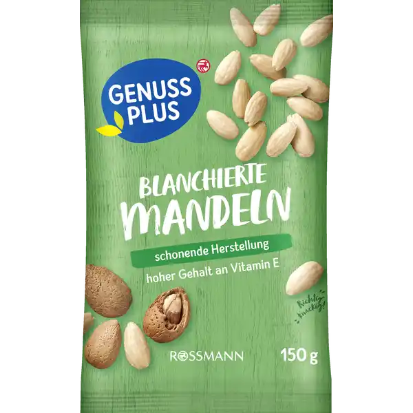 GENUSS PLUS blanchierte Mandeln: Цвет: Produktbeschreibung und details Frisch fr dich vom Baum gerttelt  und schonend geschlt Blanchierte Mandeln mit einem hohen Gehalt ungesttigter Fettsuren eignen sich richtig knackig zum Backen lassen sich aber auch gerne wegsnacken schonende Herstellung hoher Gehalt an Vitamin E glutenfrei laktosefrei vegan Von Natur aus vegan glutenfrei und laktosefrei Laktosegehalt unter  gg Lebensmittelunternehmer Name Dirk Rossmann GmbH Adresse Isernhgener Str   Burgwedel Germany wwwrossmannde      Testurteile Qualittssiegel ampamp Verbandszeichen Rechtlich vorgeschriebene Produktbezeichnung blanchierte Mandeln Zutaten MANDELN blanchiert Kann Spuren von weiteren SCHALENFRCHTEN und ERDNSSEN enthalten Nhrwerte Durchschnittliche Nhrwertangaben pro  g Energie  kj   kcal Fett  g davon  gesttigte Fettsuren  g  einfach ungesttigte Fettsuren  g  mehrfach ungesttigte Fettsuren  g Kohlenhydrate  g davon  Zucker  g Eiwei  g Salz  g NRV Magnesium  mg   Vitamin E  mg   Gebrauch Aufbewahrung und Verwendung Aufbewahrungs und Verwendungsbedingungen Trocken und vor Wrme geschtzt lagern Rei mich auf verschlie mich gut und knabbere alles innerhalb weniger Tage auf Warnhinweise und wichtige Hinweise Warnhinweise ACHTUNG Nsse knnen in die Atemwege von Kleinkindern gelangen
https://www.rossmann.de/de/lebensmittel-genuss-plus-blanchierte-mandeln/p/4305615839370