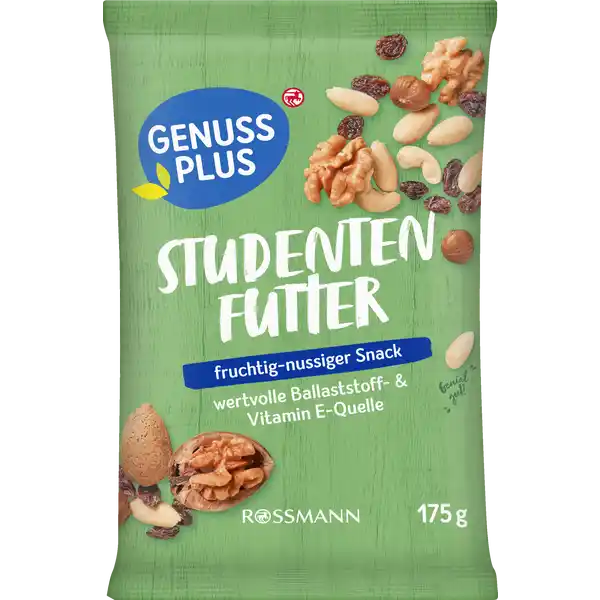 GENUSS PLUS Studentenfutter: Цвет: Produktbeschreibung und details Klassischer Mix Unser Studentenfutter vereint Mandeln Haselnsse Walnsse Cashews und Weinbeeren und hat als Quelle fr Ballaststoffe und Vitamin E seinen Master in Snackologie Seinen Namen erhielt der nahrhafte Mix im  Jahrhundert aufgrund der Beliebtheit bei Studenten fruchtignussiger Snack wertvolle Ballaststoff ampamp Vitamin EQuelle glutenfrei laktosefrei vegan Von Natur aus vegan glutenfrei und laktosefrei Laktosegehalt unter  gg Lebensmittelunternehmer Name Dirk Rossmann GmbH Adresse Isernhgener Str   Burgwedel Germany wwwrossmannde      Testurteile Qualittssiegel ampamp Verbandszeichen Rechtlich vorgeschriebene Produktbezeichnung Studentenfutter Zutaten  Weinbeeren getrocknet MANDELN MANDELN blanchiert RMERHASELNUSSKERNE WALNUSSKERNE CASHEWKERNE  Sonnenblumenl Kann Spuren von weiteren SCHALENFRCHTEN und ERDNSSEN enthalten Nhrwerte Durchschnittliche Nhrwertangaben pro  g Energie  kj   kcal Fett  g davon  gesttigte Fettsuren  g  einfach ungesttigte Fettsuren  g  mehrfach ungesttigte Fettsuren  g Kohlenhydrate  g davon  Zucker  g Ballaststoffe  g Eiwei  g Salz  g NRV Vitamin E  mg   Gebrauch Aufbewahrung und Verwendung Aufbewahrungs und Verwendungsbedingungen Trocken und vor Wrme geschtzt lagern Auch wenn ich unter Schutzatmosphre verpackt bin Rei mich auf verschlie mich gut und knabbere alles innerhalb weniger Tage auf Warnhinweise und wichtige Hinweise Warnhinweise ACHTUNG Nsse knnen in die Atemwege von Kleinkindern gelangen
https://www.rossmann.de/de/lebensmittel-genuss-plus-studentenfutter/p/4305615839431