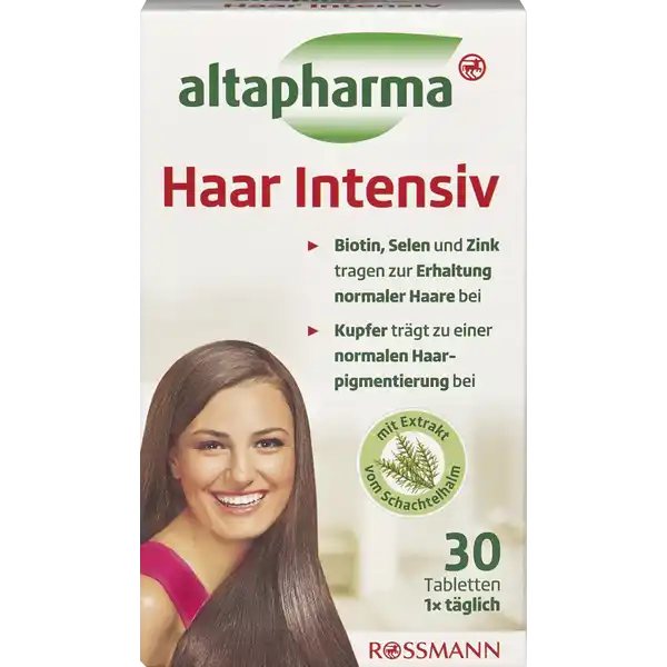 altapharma Haar Intensiv: Цвет: https://www.rossmann.de/de/gesundheit-altapharma-haar-intensiv/p/4305615990484
Produktbeschreibung und details Gesunde krftige Haare sind wichtig fr ein gepflegtes Erscheinungsbild Durch uere Einflsse wie z B aufwendiges HaarStyling oder ausgiebiges Sonnenbaden wird unser Haar jedoch vielfach strapaziert Dabei muss der Haarfollikel also die Haarwurzel aus der das Haar wchst tglich Hchstleistung fr die Zellteilung und Haarproduktion erbringen Hierfr muss die Haarwurzel mit ausreichend Nhrstoffen versorgt werden Die altapharma Haar Intensiv Tabletten untersttzen die Nhrstoffversorgung mit ausgewhlten Vitaminen und Spurenelementen Biotin Selen und Zink tragen zur Erhaltung normaler Haare bei Die Vitamine Niacin B B B B und Pantothensure haben eine zentrale Funktion im ZellEnergiestoffwechsel Biotin Selen und Zink tragen zur Erhaltung normaler Haare bei Kupfer trgt zu einer normalen Haarpigmentierung bei mit Extrakt vom Schachtelhalm  Tabletten  x tglich glutenfrei laktosefrei vegan Kontaktdaten Dirk Rossmann GmbH Isernhgener Str   Burgwedel wwwrossmannde Testurteile Qualittssiegel ampamp Verbandszeichen Zutaten Fllstoff Calciumcarbonat Maltodextrin Stabilisator Sorbit LCysteinhydrochlorid Ackerschachtelhalmextrakt berzugsmittel Hydroxypropylmethylcellulose Polyethylenglycol Niacin Trennmittel Magnesiumsalze der Speisefettsuren Thiaminmononitrat Riboflavin Cyanocobalamin Pyridoxinhydrochlorid Folsure Biotin CalciumDpantothenat Zinkoxid Kupfergluconat Natriumselenit Farbstoff Kupferkomplexe der Chlorophylle und Chlorophylline Nhrwerte Durchschnittliche Nhrwertangaben pro  g pro  Portion  Tablette Tagesdosis Referenzwert  Tablette Energie  kj   kcal  kj   kcal Fett  g amplt  g davon  gesttigte Fettsuren  g amplt  g Kohlenhydrate  g amplt  g davon  Zucker  g amplt  g Eiwei  g  g Salz  g amplt  g NRV Zink  mg   Kupfer  mg   Selen  g   Vitamin B Thiamin  mg   Vitamin B Riboflavin  mg   Niacin  mg   Vitamin B  mg   Folsure  g   Vitamin B  g   Biotin  g   Pantothensure  mg   Nhrwertbeschreibung  NRV Nhrstoffbezugswerte gem Lebensmittelinformationsverordnung Schachtelhalmextrakt pro Tagesdosis Tablette mg  NRV  LCystein pro Tagesdosis  Tablette mg  NRV  kein Nhrstoffbezugswert vorhanden Anwendung und Gebrauch Tglich  Tablette mit Flssigkeit zB  Glas Wasser zu einer Mahlzeit schlucken Gebrauch Aufbewahrung und Verwendung Aufbewahrungs und Verwendungsbedingungen Vor Wrme Sonnenlicht und Feuchtigkeit schtzen Warnhinweise und wichtige Hinweise Warnhinweise Die angegebene empfohlene tgliche Verzehrsmenge darf nicht berschritten werden Nahrungsergnzungsmittel sind kein Ersatz fr eine abwechslungsreiche und ausgewogene Ernhrung sowie eine gesunde Lebensweise Bitte auerhalb der Reichweite kleiner Kinder aufbewahren Auf die Einnahme weiterer zinkhaltiger Nahrungsergnzungsmittel sollte verzichtet werden