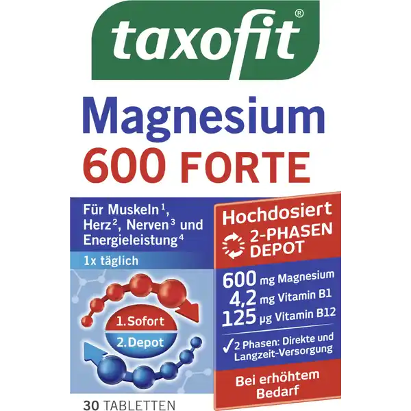 taxofit Magnesium 600 Forte: Цвет: https://www.rossmann.de/de/gesundheit-taxofit-magnesium-600-forte/p/4008617008170
Produktbeschreibung und details Wer sein Leben mit viel Engagement und Einsatz herausfordernd gestaltet sollte seinen Krper gut versorgen TAXOFIT Magnesium  FORTE bietet mit dem besonders hochdosierten Magnesium und den Vitaminen B B und B eine Untersttzung bei sportlichen Aktivitten und beruflichen Herausforderungen Magnesium sowie die Vitamine untersttzen die normale Funktion von Muskeln Energiestoffwechsel sowie Nervensystem  fr einen aktiven Lebensstil fr Muskeln Herz Nerven und Energieleistung Magnesium trgt zu einer normalen Muskelfunktion inklusive des Herzmuskels bei Vitamin B trgt zu einer normalen Herzfunktion bei Magnesium Vitamin B B und B tragen zu einem normalem Energiestoffwechsel und einer normalen Funktion des Nervensystems bei Magnesium Vitamin B und B tragen zur Verringerung von Mdigkeit und Ermdung bei Vitamin B und B tragen zu einer normalen Bildung roter Blutkrperchen bei Lebensmittelunternehmer Name MCM Klosterfrau Adresse D Kln Rechtlich vorgeschriebene Produktbezeichnung Nahrungsergnzungsmittel mit dem Mineralstoff Magnesium und Vitaminen Zutaten Magnesiumoxid Magnesiumcarbonat Fllstoffe Cellulose Isomalt vernetzte Carboxymethylcellulose Rapsl ganz gehrtet Maisstrke Trennmittel Magnesiumsalze der Speisefettsuren Talkum berzugsmittel Hydroxypropylmethylcellulose Carnaubawachs Farbstoff Calciumcarbonat Pyridoxinhydrochlorid Thiaminmononitrat pflanzliche le Kokos Palm Cyanocobalamin Vitamin B Ohne Aromen tierische Bestandteile Glutenfrei laktosefrei fruktosefrei zuckerfrei Nhrwerte Durchschnittliche Nhrwertangaben pro  Portion  Tablette NRV Magnesium  mg   Vitamin B Thiamin  mg   Vitamin B  mg   Vitamin B  g   Anwendung und Gebrauch  Tablette tglich mit etwas Flssigkeit zu einer Mahlzeit unzerkaut schlucken Gebrauch Aufbewahrung und Verwendung Aufbewahrungs und Verwendungsbedingungen Bitte trocken und nicht ber  C lagern Auerhalb der Reichweite von kleinen Kindern lagern Warnhinweise und wichtige Hinweise Warnhinweise Nahrungsergnzungsmittel sollten nicht als Ersatz fr eine ausgewogene und abwechslungsreiche Ernhrung verwendet werden oder eine gesunde Lebensweise ersetzen Die angegebene empfohlene tgliche Verzehrsmenge darf nicht berschritten werden Auerhalb der Reichweite von kleinen Kindern lagern Magnesiumprparate knnen bei empfindlichen Personen eine leicht abfhrende Wirkung habenNur fr Erwachsene geeignet Tablette tglich mit etwas Flssigkeit zu einer Mahlzeit unzerkaut schlucken