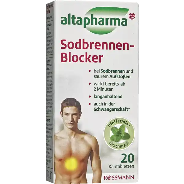 altapharma Sodbrennen Blocker: Цвет: https://www.rossmann.de/de/gesundheit-altapharma-sodbrennen-blocker/p/4305615616988
Produktbeschreibung und details Sodbrennen saures Aufstoen oder Verdauungsstrungen werden hufig durch bestimmte Ernhrungsgewohnheiten wie zu fettes oder zu scharfes Essen Alkoholgenuss Nikotin und bergewicht oder auch Stress und Hektik im Alltag ausgelst Magensure gelangt in die Speiserhre und reizt sie Auf diese Weise entsteht das brennende Gefhl  Sodbrennen Altapharma SodbrennenBlocker mit Pfefferminzgeschmack ist besonders gut vertrglich da er rein physikalisch wirkt und nicht vom Krper aufgenommen oder verstoffwechselt wird Damit wird der fr die Verdauung notwendige Magensurehaushalt nicht verndert und bleibt im Gleichgewicht Die natrlichen Inhaltsstoffe aus Meeresalgenextrakt bilden im Magen schnell eine schtzende Schicht auf der Magensure und verhindern dass diese in die Speiserhre aufsteigt So kann die empfindliche Schleimhaut nicht mehr angegriffen werden und die Symptome werden rasch und langanhaltend gelindert bei Sodbrennen und saurem Aufstoen wirkt bereits ab  Minuten langanhaltend auch in der Schwangerschaft Fr schwangere und stillende Frauen ist die Anwendung bei der Einnahme gem der Gebrauchsinformation als sicher anzusehen vor der Einnahme eines Medikaments oder Medizinproduktes ist hier jedoch eine Beratung durch einen Arzt oder Apotheker zu empfehlen Kontaktdaten Dirk Rossmann GmbH Isernhgener Strae   Burgwedel wwwrossmannde       Zutaten Zusammensetzung  Tablette enthlt Wirkstoff Braunalgenextrakt Hilfsstoffe Natriumbicarbonat Calciumcarbonat Tricalciuphosphat Magnesiumstearat PfefferminzAroma Sorbitol Sucralose Mikrokristalline Cellulose Anwendung und Gebrauch Dosierung und Einnahmeempfehlung Die Tablette vor dem Schlucken grndlich kauen Erwachsene und Kinder ab  Jahren Beim Auftreten von Symptomen  bis  Tabletten nach den Mahlzeiten und vor dem Schlafengehen einnehmen Die Tageshchstmenge von  Tabletten sollte nicht berschritten werden Genaue Dosierungsempfehlung entnehmen Sie bitte der Gebrauchsanweisung Gebrauch Aufbewahrung und Verwendung Aufbewahrungs und Verwendungsbedingungen Medizinprodukt fr Kinder unzugnglich aufbewahren Trocken nicht ber C lagern Produkt in der OriginalVerpackung lagern Warnhinweise und wichtige Hinweise Warnhinweise Allgemeine Vorsichtsmanahmen Bei Bestehen einer Allergie gegenber einem der Inhaltsstoffe darf das Produkt nicht eingenommen werden Bitte lesen Sie den Beipackzettel dieses Produkts vor Beginn der Einnahme sorgfltig durch