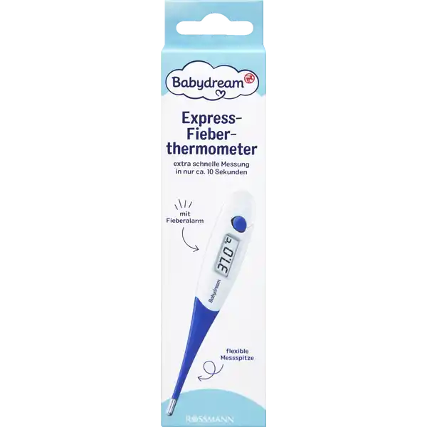 Babydream Express Fieberthermometer: Цвет: https://www.rossmann.de/de/baby-und-spielzeug-babydream-express-fieberthermometer/p/4305615545066
Produktbeschreibung und details Unser Babydream Express Fieberthermometer misst die Temperatur Ihres Kindes wenn Sie schnell Gewissheit brauchen Nach nur ca  Sekunden erhalten Sie das Messergebnis das mit einem Signalton angekndigt wird Der Fieberalarm informiert Sie mit einem Warnton sobald die gemessene Temperatur C oder mehr betrgt Das Express Fieberthermometer verfgt ber eine flexible Messspitze und misst mit einer Messgenauigkeit von  C inkl Batterien ampamp Schutzhlle extra schnelle Messung in nur ca  Sekunden flexible Messspitze  Speicherplatz wasserdicht quecksilberfrei Anzeige von C oder F desinfektionsfhig Abschaltautomatik Fieberalarm Warnton ab  C Kontaktdaten Dirk Rossmann GmbH Isernhgener Strae   Burgwedel wwwrossmannde Anwendung und Gebrauch Zum Einschalten drcken Sie kurz die EINAUSTaste Ein kurzer Signalton besttigt das Einschalten Zunchst fhrt das Thermometer fr ca  Sek einen Selbsttest durch Hierbei sind alle Segmente der Anzeige sichtbar Dann erscheint kurz LoC LoF bzw der Wert der letzten Messung im Display Danach erscheint der Referenzwert von C F Danach blinkt das MessSymbol C F und im Display wird LoC LoF angezeigt Das Thermometer ist messbereit Whrend der Messung wird die aktuelle Temperatur laufend angezeigt und das C FZeichen blinkt Die Messung wird beendet wenn eine Temperaturstabilitt erreicht ist Ein akustisches Signal ertnt  lange Pieptne das C FZeichen blinkt nicht mehr und der gemessene Temperaturwert wird angezeigt Solange die gemessene Temperatur niedriger als C F ist blinkt das MessSymbol C F und im Display wird LoC LoF angezeigt Hhere Werte werden direkt angezeigt zB C F Werden Temperaturen ber C F gemessen ertnt ein Fieberalarm  kurze Pieptne in  Sekunden Werden Temperaturen ber C F gemessen so erscheint das Symbol fr HiC HiF Die Messzeit ist verglichen mit herkmmlichen Thermometern stark verkrzt und betrgt bei der rektalen Messung nur ca  Sekunden Durch Verlngerung der Messdauer ber den Signalton hinaus knnen genauere Messergebnisse erzielt werden Bei Messungen in der Achselhhle sollte die empfohlene Messdauer trotz Signalton eingehalten werden Zur Verlngerung der Batterielebensdauer schalten Sie bitte nach der Messung das Thermometer durch kurzes Drcken der EINAUSTaste aus Ansonsten schaltet sich das Thermometer nach ca  Min automatisch ab Speicher Der letzte Messwert wird automatisch gespeichert Dieser Wert wird beim Drcken der EINAUSTaste angezeigt Neben dem Messwert erscheint das SpeicherSymbol zB CMFM Messeinheit ndern Sie knnen sich die Temperatur in Grad Celsius C und Grad Fahrenheit F anzeigen lassen Zum Einstellen halten Siedie EINAUSTaste beim Einschalten lnger als  Sekunden gedrckt bis sich die Messeinheit ndert Der gespeicherte Wert wird in der neuen Messeinheit angezeigt Warnhinweise und wichtige Hinweise Warnhinweise Batterienwechsel Das Fieberthermometer enthlt eine Langzeit AlkaliManganBatterie LR   V fr ca  Jahre Die Batterie muss gewechselt werden wenn das Batteriesymbol erscheint Drcken Sieden Batteriefachdeckel am Ende des Gertes mit den Fingern zusammen und ziehen Sie ihn krftig nach hinten weg Entnehmen Sie die alte Batterie und ersetzen Sie diese durch eine Batterie gleichen Typs Das  Zeichen auf der Batterie muss nach oben zeigen Stecken Sie anschlieend den Batteriefachdeckel auf das Gehuse auf Die verbrauchten vollkommen entladenen Batterien mssen Sie ber speziell gekennzeichnete Sammelbehlter Sondermllannahmestellen oder ber den Elektrohndler entsorgen Sie sind gesetzlich dazu verpflichtet die Batterien zu entsorgen Diese Zeichen finden Sie auf schadstoffhaltigen Batterien Pb  Batterie enthlt Blei Cd  Batterie enthlt Cadmium Hg  Batterie enthlt Quecksilber Hinweise zur Elektrogerte und Batterieentsorgung Hinweise zur Entsorgung von Elektrogerten und Batterien httpswwwrossmanndedeserviceundhilfeelektrogesetzbatteriegesetz