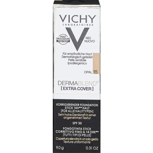 VICHY DERMABLEND [EXTRA COVER] korrigierender Foundation Stick 15 opal: Цвет: Produktbeschreibung und details Der DERMABLEND Extra Cover Stick h von Vichy ist ein hochpigmentierter Foundation Stick der Unebenmigkeiten sofort kaschiert Der Makeup Stick deckt Rtungen ab und schtzt die Haut dank LSF  vor UVStrahlung fr alle Hauttypen starke Deckkraft mattiert die Haut sofort und langanhaltend kaschiert dank hoher Deckkraft farbliche Unebenmigkeiten deckt Rtungen bis zu h lang ab sanfte Textur verschmilzt sofort mit der Haut unter dermatologischer und ophtalmologischer Aufsicht getestet getestet nach verschiedenen Hautbehandlungen nichtkomedogen auch fr empfindliche Haut geeignet LSF  Kontaktdaten VICHY CAICAF  Vichy France TSA   ST OUEN CEDEX FR wwwvichycom UrsprungslandHerkunftsort Frankreich Anwendung und Gebrauch  Schritt Die Haut mit einer Gesichtsreinigung reinigen und anschlieend die gewohnte Feuchtigkeitspflege vor Verwendung des Sticks auf die Haut auftragen Der Stick kann alleine oder als Ergnzung zu einer Foundation verwendet werden  Schritt Der Stick kann mit einem sauberen Finger oder mit einem Pinsel sanft auf die zu korrigierende Hautpartie aufgetragen werden Die Textur des Sticks durch leichten Klopfbewegungen mit den Fingerspitzen mit dem Teint verschmelzen lassen um Makeup Rnder zu vermeiden  Schritt Die Deckkraft kann durch mehrfaches auftragen erhht werden Wichtig ist dabei den Stick nicht auf unverheilte Wunden aufzutragen Inhaltsstoffe PARAFFINUM LIQUIDUM  MINERAL OIL  TALC  CERA ALBA  BEESWAX  BARIUM SULFATE  ISOPROPYL PALMITATE  STEARYL STEARATE  KAOLIN  MAGNESIUM CARBONATE  COPERNICIA CERIFERA CERA  CARNAUBA WAX  CERA MICROCRISTALLINA  MICROCRYSTALLINE WAX  ALLANTOIN  LAUROYL LYSINE  MAY CONTAIN  CI   TITANIUM DIOXIDE  CI  CI  CI   IRON OXIDES
https://www.rossmann.de/de/make-up-vichy-dermablend-extra-cover-korrigierender-foundation-stick-15-opal/p/3337875692878