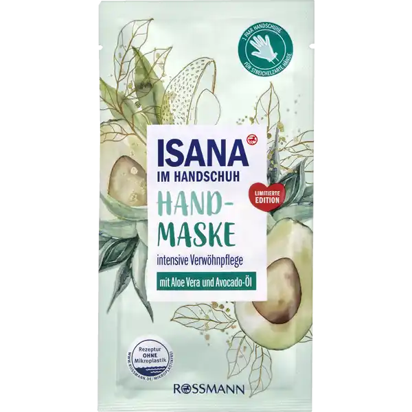 ISANA Handschuhmaske mit Aloe Vera und Avocadol: Цвет: Produktbeschreibung und details Die reichhaltige und beruhigende Pflegeformel mit Aloe Vera und Avocadol verwhnt beanspruchte Hnde und schmeichelt der Haut Die ISANA Handmaske im Handschuh pflegt Ihre Hnde streichelzart Die Formel mit wertvollem Avocadol und AloeVera beruhigt die Haut und spendet trockenen und strapazierten Hnden viel Feuchtigkeit Spannungsgefhle werden gemildert und die pflegenden Inhaltsstoffe sorgen fr weiche und geschmeidige Haut Die praktischen Handschuhe sind schnell bergezogen und verschlossen ohne Auslaufen und Tropfen Das Ergebnis samtigweiche Hnde und gepflegte Nagelhaut intensive Verwhnpflege mit Aloe Vera und Avocadol HAUTVERTRGLICHKEIT Dermatologisch besttigt diese Rezeptur ist zu  ohne Mikroplastik vegan Kontaktdaten Dirk Rossmann GmbH Isernhgener Strae   Burgwedel wwwrossmannde   UrsprungslandHerkunftsort PRC Testurteile Qualittssiegel ampamp Verbandszeichen Anwendung und Gebrauch  Handmaske aus der Verpackung nehmen und auseinanderfalten Im Anschluss gut durchkneten  Oben an der Perforierung vorsichtig aufreien  ber die gereinigten trockenen Hnde ziehen  Die Schutzfolie der Klebelasche entfernen Klebelasche um das Handgelenk legen und andrcken sodass die Maske gut verschlossen ist  Minuten einwirken lassen Maske abnehmen und Rckstnde einmassieren Gebrauch Aufbewahrung und Verwendung Aufbewahrungs und Verwendungsbedingungen Auer Reichweite von Kindern aufbewahren Nach dem ffnen unmittelbar verbrauchen Inhaltsstoffe Aqua Glycerin Cetyl Ethylhexanoate Cetyl Alcohol Urea C Alcohols Butyrospermum Parkii Butter Aloe Barbadensis Leaf Juice Persea Gratissima Oil Aloe Barbadensis Leaf Juice Powder Tocopheryl Acetate Macadamia Ternifolia Seed Oil C Alkyl Glucoside CaprylicCapric Triglyceride Behenyl Alcohol Glyceryl Stearate Betaine Hydroxyacetophenone Xanthan Gum Glyceryl Caprylate Niacinamide Allantoin Panthenol Disodium EDTA Glucose Propylene Glycol Ethylhexylglycerin Lactic Acid Citric Acid Phenoxyethanol Parfum Warnhinweise und wichtige Hinweise Warnhinweise Nur zum einmaligen Gebrauch Nicht fr Kinder geeignet
https://www.rossmann.de/de/pflege-und-duft-isana-handschuhmaske-mit-aloe-vera-und-avocadooel/p/4305615844527