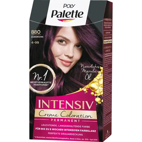 Poly Palette Intensiv Creme Coloration 880 Aubergine: Цвет: Produktbeschreibung und details Die reichhaltige ColorCreme mit len lsst die hochkonzentrierten Farbpigmente tief in das Haarinnere eindringen und versiegelt sie im Haar Fr eine besonders ausdrucksstarke und langanhaltende Farbe bis zu  Wochen Die verwhnende Pflegemaske mit natrlichem Marulal glttet die Haaroberflche uns sorgt fr atemberaubenden Glanz Die speziell entwickelte Formel sorgt fr wundervolle Farbergebnisse  vom Ansatz bis in die Spitzen leuchtende langanhaltende Farbe fr bis zu  Wochen intensiven Farbglanz  Grauabdeckung mit natrlichem Marulal Kontaktdaten Schwarzkopf ampamp Henkel GmbH D Dsseldorf     Anwendung und Gebrauch Diese Nuance ist fr die folgenden Naturhaarfarben geeignet Dunkelblond Hellbraun Mittelbraun bis Schwarzbraun Diese Nuance ist fr leicht bis mittel ergrautes Haar geeignet Die genau Anwendung entnehmen Sie bitte der Packungsbeilage Bitte Gebrauchsanweisung beachten Gebrauch Aufbewahrung und Verwendung Aufbewahrungs und Verwendungsbedingungen Entwickler von Hitze und Licht fernhalten Mischen Sie dieses Frbemittel nicht mit anderen Produkten Keine nicht gebrauchte Mischung aufbewahren Keine fertige Mischung in einer geschlossenen Flasche aufbewahren die Flasche knnte sichaufblhen und bersten Inhaltsstoffe Haarfrbungtnung oxidativ Aqua Cetearyl Alcohol Ammonium Hydroxide Glyceryl Stearate SE Prunus Amygdalus Dulcis Oil Ceteareth Octyldodecanol Ethanolamine Hydroxyethyl Diamino Pyrazole Sulfate Sodium Laureth Sulfate Sodium Cetearyl Sulfate Naphthol TolueneDiamine Sulfate Parfum Oleic Acid Sodium Sulfite Glycerin AminoHydroxyethylaminoanisole Sulfate mAminophenol Etidronic Acid Carbomer MethoxyMethylaminoAminopyridine HCl Potassium Hydroxide Linalool Serine Ascorbic Acid Sodium Sulfate Geraniol Citronellol Limonene Benzoic Acid  Pflegesplung rinse off Aqua Cetearyl Alcohol Quaternium Propylene Glycol Isopropyl Myristate Distearoylethyl Hydroxyethylmonium Methosulfate Citric Acid Phenoxyethanol Stearamidopropyl Dimethylamine Polyquaternium Ceteareth Glyceryl Stearate Sodium Methylparaben Dicaprylyl Carbonate Sclerocarya Birrea Seed Oil Parfum Linalool Limonene Hexyl Cinnamal Benzyl Salicylate Lauryl Glucoside Citronellol Panthenol Benzyl Alcohol  EntwicklerAqua Hydrogen Peroxide Cetearyl Alcohol PEG Castor Oil Etidronic Acid Sodium Cetearyl Sulfate Disodium Pyrophosphate Dicarboxypyridine Potassium Hydroxide Sodium Benzoate Warnhinweise und wichtige Hinweise Warnhinweise Haarfrbemittel knnen schwere allergische Reaktionen hervorrufen Bitte folgende Hinweise lesen und beachten Dieses Produkt ist nicht fr Personen unter  Jahren bestimmt Temporre Ttowierungen mit schwarzem Henna knnen das Allergierisiko erhhen Frben Sie Ihr Haar nicht  wenn Sie einen Ausschlag im Gesicht haben oder wenn Ihre Kopfhaut empfindlich gereizt oder verletzt ist  wenn Sie schon einmal nach dem Frben Ihrer Haare eine Reaktion festgestellt haben  wenn eine temporre Ttowierung mit schwarzem Henna bei Ihnen schon einmal eine Reaktion verursacht hat Enthlt Phenylendiamine Toluylendiamine Wasserstoffperoxid und Resorcin Vollstndige Inhaltsstoffdeklaration siehe Packungsboden Nicht zur Frbung von Wimpern und Augenbrauen verwenden Die vollstndigen Produkthinweise entnehmen Sie bitte der Verpackung
https://www.rossmann.de/de/pflege-und-duft-poly-palette-intensiv-creme-coloration-880-aubergine/p/4015100329766