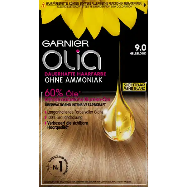 Garnier Olia dauerhafte Haarfarbe 9.0 Hellblond: Цвет: Produktbeschreibung und details Garnier Olia Nr  in Hellblond verleiht den Haaren ein langanhaltendes strahlendes Blond Die dauerhafte Haarfarbe ohne Ammoniaksorgt fr intensive Farbkraft und geschmeidiges glnzendes Haar Die ColorationsCreme ist zu   mit len angereichert Diese aktivieren die strahlende Kraft der Farbe indem sie die hochwirksamen Pigmente tief in der Haarfaser verankern Auch graues Haar wird zuverlssig abgedecktGleichzeitig verwhnt die Coloration das Haar mit reichhaltiger Pflege fr eine sichtbar verbesserte HaarqualittDie cremigsamtige Textur von Garnier Olia tropft nicht und lsst sich mhelos und gleichmig auftragen Dabei entfaltet sie einen zart blumigen Duft Kontaktdaten LORAL Deutschland GmbH  Geschftsbereich LOral Paris Johannstrae   Dsseldorf wwwoliade  Anwendung und Gebrauch Machen Sie  Stunden vor der Anwendung den Allergieverdachtstest Decken Sie Ihre Kleidung mit einem alten Handtuch ab und ziehen Sie die beiliegenden Einweghandschuhe an Entsprechend der Gebrauchsanweisung mischen Sie nun die Entwicklercreme mit der Colorationscreme in dem beiliegenden Olia Applikator Die fertige Mischung wird nun direkt auf das trockene ungewaschene Haar entlang des Scheitels aufgetragen und mit den Fingern vom Ansatz aus verteilt Lassen Sie die Farbe entsprechend der jeweiligen Angaben Ihrer Coloration einwirken Splen Sie anschlieend die Farbe mit warmen Wasser aus Gebrauch Aufbewahrung und Verwendung Aufbewahrungs und Verwendungsbedingungen Trocken lagern und Augenkontakt vermeiden Inhaltsstoffe ColorationsCreme  Paraffinum Liquidum  Mineral Oil  Aqua  Water  Ethanolamine  Steareth  CaprylylCapryl Glucoside  Polysorbate   Steareth  PAminophenol  MAminophenol  Ascorbic Acid  Sodium Metabisulfite  Thioglycerin  Polyquaternium  Helianthus Annuus Seed Oil  Sunflower Seed Oil  TolueneDiamine  Limnanthes Alba Seed Oil  Meadowfoam Seed Oil  Camellia Oleifera Seed Oil  Methylresorcinol  Resorcinol  Passiflora Incarnata  Passiflora Incarnata Seed Oil  Edta  Parfum  Fragrance FIL C EntwicklerCreme AquaWater Paraffinum Liquidum  Mineral Oil Hydrogen Peroxide Cetearyl Alcohol Steareth PEG Rapeseedamide Tocopherol Sodium Salicylate Polyquaternium Phosphoric Acid Tetrasodium Etidronate Tetrasodium Pyrophosphate Hexadimethrine Chloride Glycerin FIL C Seide ampamp Glanz Pflegekur zur Mehrfachanwendung AquaWater Cetearyl Alcohol Behentrimonium Chloride Cetyl Esters Tocopherol Trideceth Chlorhexidine Digluconate Helianthus Annuus Seed Oil  Sunflower Seed Oil Camellia Oleifera Seed Oil Amodimethicone Isopropyl Alcohol Citric Acid Cetrimonium Chloride Parfum  Fragrance FIL C Warnhinweise und wichtige Hinweise Warnhinweise Haarfrbemittel knnen schwere allergische Reaktionen hervorrufen Bitte folgende Hinweise lesen und beachten Dieses Produkt ist nicht fr Personen unter  Jahren bestimmt Temporre Ttowierungen mit schwarzem Henna knnen das Allergierisiko erhhen Frben Sie Ihr Haar nicht wenn Sie einen Ausschlag im Gesicht haben oder wenn Ihre Kopfhaut empfindlich gereizt oder verletzt ist wenn Sie schon einmal nach dem Frben Ihres Haares eine Reaktion festgestellt haben wenn eine temporre Ttowierung mit schwarzem Henna bei Ihnen schon einmal eine Reaktion verursacht hat Das nichtbeachten einer vorliegenden Allergie kann lebensbedrohlich sein Es ist unbedingt erforderlich einen Allergieverdachtstest  Stunden vor jeder Anwendung des Produkts durchzufhren auch wenn Sie Haarfarben bereits frher verwendet haben Denken Sie deshalb daran das Produkt  Stunden vorher zu kaufen Gebrauchsanweisung beachten Bei einer Reaktion oder falls Sie Fragen zur persnlichen Vertrglichkeit haben wenden Sie sich vor Anwendung einer Haarfarbe an einen Arzt EntwicklerCreme enthlt Wasserstoffperoxid ColorationCreme enthlt Rescorin Phenylendiamine Toluylendiamine Geeignete Handschuhe tragen Diese liegen der Packung bei Kontakt mit den Augen vermeiden Nicht zur Frbung von Wimpern und Augenbrauen verwenden Sofort Augen splen falls das Erzeugnis mit den Augen in Berhrung gekommen ist Nach Anwendung die Haare gut splen Nicht auf entkruseltem Haar anwenden Dieses Produkt frhestens  Tage nach einer Blondierung Dauerwelle oder einer langanhaltenden Glttung anwenden Nicht anwenden wenn Ihre Haare mit Henna gefrbt oder mit einem Produkt behandelt wurden das schrittweise zur natrlichen Haarfarbe zurckfhrt Darf nicht in die Hnde von Kindern gelangen
https://www.rossmann.de/de/pflege-und-duft-garnier-olia-dauerhafte-haarfarbe-90-hellblond/p/3600541251052