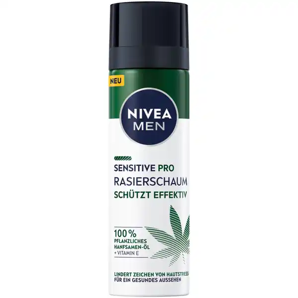 NIVEA MEN Sensitive Pro Rasierschaum: Цвет: Produktbeschreibung und details Der NIVEA MEN SENSITIVE PRO Rasierschaum schtzt sofort vor Hautirritationen und weicht die Barthaare auf Trockenheit Hautirritationen Mdigkeit und andere Zeichnen von Hautstress werden gelindert Der Sensitive Pro Rasierschaum sorgt fr eine natrliche Rasur und eine gesund aussehende Haut Diese vegane Formel fr Mnner beinhaltet  pflanzliches Hanfsamenl und Vitamin E  der Inhaltstoffe haben einen natrlichen Ursprung Aus Liebe zur Haut und Umwelt ist die Dose aus  recyceltem Aluminium HAUTVERTRGLICHKEIT BEI MNNERN MIT EMPFINDLICHER HAUT DERMATOLOGISCH BESTTIGT  pflanzliches Hanfsamenl  Vitamin E lindert Anzeichen von Hautstress gesund aussehende Haut schtzt sofort vor Hautirritationen nach der Rasur weicht die Barthaare auf um eine glatte und sanfte Rasur zu ermglichen Dose aus  recyceltem Aluminium vegane Formel Ohne tierische oder Inhaltsstoffe tierischen Ursprungs Kontaktdaten Beiersdorf AG D Hamburg wwwniveade   Anwendung und Gebrauch Gewnschte Menge des Rasierschaums in die Hand geben Sensitive Pro Rasierschaum auf die angefeuchtete Haut auftragen Nach der Rasur die Reste des Schaums sanft mit Wasser abwaschen Inhaltsstoffe Aqua Isobutane Laureth Triethanolamine Palmitic Acid Stearic Acid Glycerin Cannabis Sativa Seed Oil Helianthus Annuus Seed Oil Tocopheryl Acetate Propylene Glycol Sorbitol CocoCaprylateCaprate Hydroxypropyl Methylcellulose PEGM Myristic Acid Arachidic Acid Oleic Acid Potassium Hydroxide Butane Propane Silica BHT Piroctone Olamine Parfum Warnhinweise und wichtige Hinweise Warnhinweise ACHTUNG Behlter steht unter Druck kann bei Erwrmung bersten Von Hitze heien Oberflchen Funken offenen Flammen und anderen Zndquellen fernhalten Nicht rauchen Nicht durchstechen oder verbrennen auch nicht nach Gebrauch Vor Sonnenbestrahlung schtzen Nicht Temperaturen ber C aussetzen Darf nicht in die Hnde von Kindern gelangen Nur entleerte Dosen in die Wertstoffsammlung geben Enthlt  Massenprozent entzndbare Bestandteile
https://www.rossmann.de/de/pflege-und-duft-nivea-men-sensitive-pro-rasierschaum/p/4005900873743