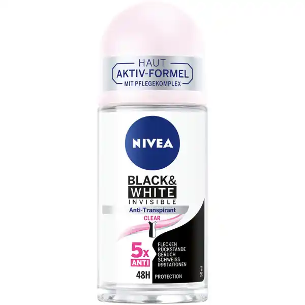 NIVEA Anti-Transpirant Roll-on Black & White Invisible Clear: Цвет: Produktbeschreibung und details NIVEA Black ampamp White Invisible Clear bietet Schutz vor Achselnsse und Krpergeruch   Stunden lang Die hochwirksame Formel schtzt vor gelben Flecken auf weier Kleidung und weien Rckstnden auf dunklen Textilien Fr DeoSchutz den man nicht sieht aber fhlt  Stunden effektiver AntiTranspirantSchutz Haut AktivFormel mit Pflegekomplex Antigelbe Fleckenbildung auf weien Textilien Antiweie Rckstnde auf schwarzen Textilien Hautvertrglichkeit dermatologisch besttigt Kontaktdaten Beiersdorf AG D Hamburg wwwniveade  Anwendung und Gebrauch Das AntiTranspirant am besten nach dem Duschen verwenden Das Produkt direkt an den Achseln anwenden Lassen Sie das Produkt vollstndig trocknen bevor Sie sich anziehen Nicht auf gereizter oder geschdigter Haut anwenden Inhaltsstoffe Aqua Aluminum Chlorohydrate Isoceteth Butylene Glycol Dicaprylyl Ether Glyceryl Isostearate Laureth Citrate Palmitamidopropyltrimonium Chloride Propylene Glycol PEG Distearate Tocopherol Linalool Citronellol Benzyl Alcohol Limonene AlphaIsomethyl Ionone Parfum
https://www.rossmann.de/de/pflege-und-duft-nivea-anti-transpirant-roll-on-black-und-white-invisible-clear/p/0000042419396