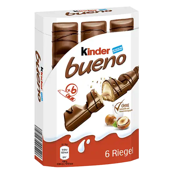 Ferrero Kinder bueno: Цвет: Produktbeschreibung und details Ferrero Kinder bueno kinder bueno schmeckt wunderbar knusprig und cremig zugleich  der Riegel fr wahre Genieer Das Besondere an kinder bueno ist seine zarte Knusperhlle gefllt mit einer raffinierten MilchHaselnussCreme und auen umhllt von feinster Milch  und einem Hauch ZartbitterSchokolade ohne knstliche Farbstoffe und Konservierungsstoffe Lebensmittelunternehmer Name Ferrero Adresse  Frankfurt am Main UrsprungslandHerkunftsort Hergestellt in der EU Rechtlich vorgeschriebene Produktbezeichnung Waffel mit feiner MilchhaselnusscremeFllung   berzogen mit Milchschokolade Zutaten MILCHSCHOKOLADE   Zucker Kakaobutter Kakaomasse MAGERMILCHPULVER  BUTTERREINFETT  Emulgator Lecithine  SOJA  Vanillin Zucker Palml WEIZENMEHL  HASELNSSE   MAGERMILCHPULVER  VOLLMILCHPULVER  Halbbitterschokolade Zucker Kakaomasse Kakaobutter Emulgator Lecithine  SOJA  Vanillin fettarmer Kakao Emulgator Lecithine  SOJA  Backtriebmittel Natriumhydrogencarbonat Ammoniumhydrogencarbonat Salz Vanillin Nhrwerte Durchschnittliche Nhrwertangaben pro  g pro  Portion  g Energie  kj   kcal  kj   kcal Fett  g  g davon  gesttigte Fettsuren  g  g Kohlenhydrate  g  g davon  Zucker  g  g Eiwei  g  g Salz  g  g Gebrauch Aufbewahrung und Verwendung Aufbewahrungs und Verwendungsbedingungen Khl und trocken aufbewahren
https://www.rossmann.de/de/lebensmittel-ferrero-kinder-bueno/p/4008400322728