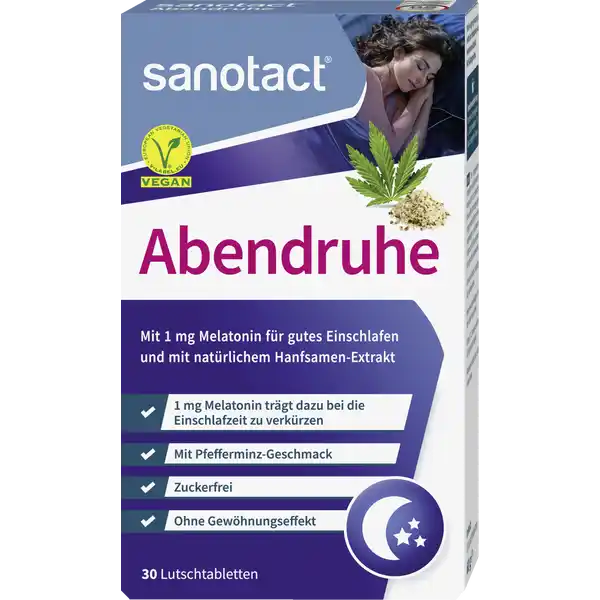 sanotact® Abendruhe: Цвет: https://www.rossmann.de/de/gesundheit-sanotact-abendruhe/p/4003087421955
Produktbeschreibung und details In unserer heutigen Zeit empfinden viele Menschen ein hohes Ma an Stress Mdigkeit und Erschpfung Der hektische Alltag lsst sie abends nur schwer zur Ruhe kommen und ihre Gedanken drehen sich endlos im Kreis Das Abschalten und Einschlafen stellt eine echte Herausforderung dar Zustzlich knnen Faktoren wie Flugreisen verschiedene Zeitzonen oder Schichtarbeit den Krper aus dem Gleichgewicht bringen Dabei ist es uerst wichtig dass der Krper ausreichend und vor allem qualitativ hochwertigen Schlaf erhlt In der Nacht werden Erfahrungen verarbeitet und Gelerntes gespeichert sanotact Abendruhe ist eine einzigartige Kombination aus dem krpereigenen Hormon Melatonin und wertvollem HanfsamenExtrakt So tragen die sanotact Abendruhe Lutschtabletten mit einem Milligramm Melatonin dazu bei die Einschlafzeit zu verkrzen Darber hinaus enthalten die Tabletten einen natrlichen Extrakt aus Hanfsamen sanotact Abendruhe Lutschtabletten sind frei von Farbstoffen und tierischen Bestandteilen sowie gluten und laktosefrei mit dem krpereigenen Hormon Melatonin  mg Melatonin trgt dazu bei die Einschlafzeit zu verkrzen mit natrlichem HanfsamenExtrakt mit PfefferminzGeschmack zuckerfrei Lebensmittelunternehmer Name sanotact GmbH Adresse Hessenweg   Mnster Deutschland wwwsanotactde UrsprungslandHerkunftsort Deutschland Testurteile Qualittssiegel ampamp Verbandszeichen Rechtlich vorgeschriebene Produktbezeichnung Nahrungsergnzungsmittel mit Melatonin und HanfsamenExtrakt Mit Sungsmittel Zutaten Sungsmittel Sorbit HanfsamenExtrakt Fllstoff Hydroxypropylcellulose Trennmittel Magnesiumsalze der Speisefettsuren Aroma Melatonin Nhrwerte Durchschnittliche Nhrwertangaben pro  Portion pro  g pro Tablette Energie  kj   kcal  kj   kcal Fett amplt  g  g davon  gesttigte Fettsuren amplt  g  g Kohlenhydrate  g  g davon  Zucker amplt  g amplt  g Eiwei amplt  g amplt  g Salz amplt  g  g Anwendung und Gebrauch Verzehrempfehlung Vor dem Schlafengehen  Lutschtablette im Mund zergehen lassen Gebrauch Aufbewahrung und Verwendung Aufbewahrungs und Verwendungsbedingungen Unter  C trocken und vor Licht geschtzt lagern Warnhinweise und wichtige Hinweise Warnhinweise Schwangere und Stillende sollten vor der Einnahme ihren Arzt befragen Die Anwendung bei Kindern und Jugendlichen unter  Jahren wird nicht empfohlen Die Anwendung ber einen lngeren Zeitraum oder die Daueranwendung wird nicht empfohlen Die angegebene empfohlene tgliche Verzehrmenge darf nicht berschritten werden Nahrungsergnzungsmittel ersetzen keine ausgewogene und abwechslungsreiche Ernhrung sowie eine gesunde Lebensweise Kann bei bermigem Verzehr abfhrend wirken Fr kleine Kinder unzugnglich aufbewahren