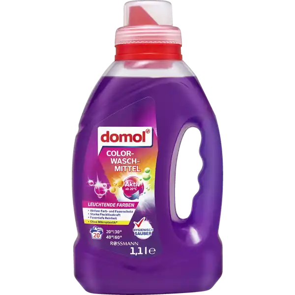 domol Colorwaschmittel 20 WL: Цвет: https://www.rossmann.de/de/haushalt-domol-colorwaschmittel-20-wl/p/4068134024039
Produktbeschreibung und details Freuen Sie sich auf starke Reinigungskraft fr Ihre Wsche und ein herrlich frisches Dufterlebnis  mit dem domol Colorwaschmittel leuchtende Farben aktiver Farb und Faserschutz aktiv ab C starke Flecklsekraft fasertiefe Reinheit Rezeptur ohne Mikroplastik nach ECHA Definition Kontaktdaten Dirk Rossmann GmbH Isernhgener Strae   Burgwedel wwwrossmannde   UrsprungslandHerkunftsort EU Anwendung und Gebrauch Die Pflegehinweise in den Textilien beachten und die Wsche vorsortieren Neuche farbige Textilien knnen ausfrben daher zunchst auf Farbechtheit berprfen und separat bei maximal C waschen Fr weie Textilien empfehlen wir domol Vollwaschmittel Nicht fr Wolle und Seide geeignet Hierfr empfehlen wir domol Wolle ampamp Seide Feinwaschmittel Hartnckige Flecken bei Bedarf vorbehandeln Mit mglichst niedriger Temperatur waschen aktiv bereits ab C Fr leicht verschmutzte Wsche ein umweltschonendes EcoWaschprogramm und fr stark verschmutzte Wsche hhere Temperaturen whlen max C Gem Wasserhrte Verschmutzungsgrad und Beladung der Waschmaschine dosieren siehe Dosiertabelle und die empfohlene Beladungsmenge des Gerteherstellers beachten domol Colorwaschmittel ber die Einsplkammer dosieren oder mit einer Dosierkugel direkt zur Wsche geben Die Wasserhrte ist bei Ihrem rtlichen Wasserwerk in Erfahrung zu bringen Gebrauch Aufbewahrung und Verwendung Aufbewahrungs und Verwendungsbedingungen Produkt vor Frost und Sonnenlicht schtzen Inhaltsstoffe  anionische Tenside  nichtionische Tenside unter  Seife Phosphonate Weitere Inhaltsstoffe Duftstoffe LINALOOL Enzyme Konserverungsstoffe PHENOXYETHANOL Bitterstoff Warnhinweise und wichtige Hinweise Warnhinweise GEFAHR Enthlt MEAC ALKYL BENZENESULFONATE C PARETH C PARETH SODIUM LAURETH SULFATE Verursacht Hautreizungen Verursacht schwere Augenschden Schdlich fr Wasserorganismen mit langfristiger Wirkung Ist rztlicher Rat erforderlich Verpackung oder Kennzeichnungsetikett bereithalten Darf nicht in die Hnde von Kindern gelangen Nach Gebrauch Hnde grndlich waschen Freisetzung in die Umwelt vermeiden Augenschutz tragen BEI BERHRUNG MIT DER HAUT Mit viel WasserSeife waschen BEI KONTAKT MIT DEN AUGEN Einige Minuten lang behutsam mit Wasser splen Eventuell vorhandene Kontaktlinsen nach Mglichkeit entfernen Weiter splen Sofort GIFTINFORMATIONSZENTRUMArzt anrufen InhaltBehlter entsprechend den rtlichen Vorschriften der Entsorgung zufhren Erhhte Sicherheit fr Kinder Enthlt einen speziellen Bitterstoff zum Schutz vor versehentlichem Verschlucken