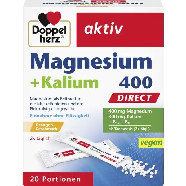 Doppelherz aktiv Magnesium + Kalium 400 direct: Цвет: https://www.rossmann.de/de/gesundheit-doppelherz-aktiv-magnesium--kalium-400-direct/p/4009932006223
Produktbeschreibung und details Magnesium als Beitrag fr die Muskelfunktion ampamp das Elektrolytgleichgewicht mit OrangenGeschmack x tglich Lebensmittelunternehmer Name Queisser Pharma GmbH ampamp Co KG Adresse Schleswiger Strae   Flensburg Deutschland UrsprungslandHerkunftsort Deutschland Rechtlich vorgeschriebene Produktbezeichnung Granulat mit Magnesium Kalium Vitamin B Vitamin B und OrangenGeschmack  Nahrungsergnzungsmittel mit Sungsmitteln Zutaten Magnesiumkaliumcitrat Fllstoff Sorbit Magnesiumoxid Sureregulator Mononatriumcitrat Fllstoff Mannit Suerungsmittel Citronensure Magnesiumcitrat Aroma Verdickungsmittel Carboxymethylcellulose Sureregulator Calciumcarbonat Pyridoxinhydrochlorid Sungsmittel Aspartam Trennmittel Magnesiumsalze der Speisefettsuren Sungsmittel Sucralose Cyanocobalamin Nhrwerte Durchschnittliche Nhrwertangaben pro  Portion pro  Portion pro Tagesportion  Beutel  Beutel NRV Kalium  mg    mg Magnesium  mg    mg Vitamin B  mg    mg Vitamin B  g    g Anwendung und Gebrauch Tglich den Inhalt von zwei Beuteln verzehren Die MicroPellets direkt auf die Zunge geben langsam zergehen lassen und schlucken Bitte den Beutel in Pfeilrichtung aufreien Gebrauch Aufbewahrung und Verwendung Aufbewahrungs und Verwendungsbedingungen Bei Raumtemperatur lagern