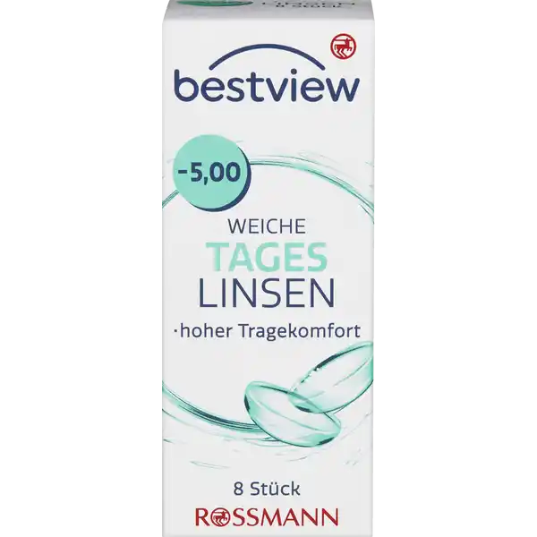 BestView weiche Tageslinsen -5,00: Цвет: https://www.rossmann.de/de/gesundheit-bestview-weiche-tageslinsen--500/p/4719879669671
Produktbeschreibung und details Durch das besonders weiche sauerstoffdurchlssige Material der Tageslinsen wird kaum Eingewhnungszeit bentigt Die Kanten wurden speziell fr hohen Tragekomfort entwickelt Dadurch bleibt die Sehschrfe auch an den Rndern der Linse optimal Tageslinsen sind die gesndeste KontaktlinsenVariante fr die Augen Die Linsen werden tglich ausgetauscht und mssen nicht gereinigt werden Tageslinsen sind ebenfalls ideal wenn man nur ab und zu Kontaktlinsen trgt etwas beim Sport im Urlaub oder am Wochenende hoher Tragekomfort  Stck Kontaktdaten Dirk Rossmann GmbH Isernhgener Strae   Burgwedel Gebrauch Aufbewahrung und Verwendung Aufbewahrungs und Verwendungsbedingungen Empfohlen wird die Lagerung bei Raumtemperatur Inhaltsstoffe  sterile weiche getnte Kontaktlinsen  Methafilcon  HO in gepufferter Kochsalzlsung Warnhinweise und wichtige Hinweise Warnhinweise Nicht verwenden bei beschdigter Linsenverpackung Gehen Sie mit Ihren Linsen bitte regelmig zu einer augenrztlichen Kontrolle Folgen Sie den Anweisungen Ihres Kontaktlinsenanpassers Schlafen Sie nicht mit eingesetzter Linse Das Tragen von Kontaktlinsen kann eine Sonnenbrille nicht ersetzen Ihre Augen sind kostbar Bitte beachten Sie die beiligenden Gebrauchsinformationen