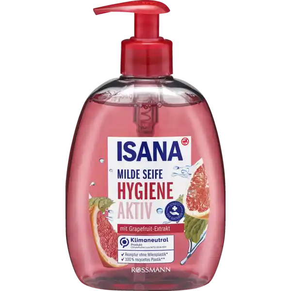 ISANA milde Seife Hygiene Aktiv: Цвет: Produktbeschreibung und details Die ISANA Seifen reinigen Ihre Hnde sanft und schenken ein geschmeidiges Hautgefhl  Tag fr Tag mit Grapefruit ampamp MinzExtrakt schtzt vor Bakterien Hautvertrglichkeit dermatologisch besttigt pHhautfreundlich Rezeptur OHNE Mikroplastik   recyceltes Plastik siehe rossmanndemikroplastikfrei Flaschenmaterial ohne Spender und Folie Weiterfhrende Informationen zum Thema Klimaneutralitt finden Sie unter rossmanndeklimaneutral und unter climatepartnercom Kontaktdaten Dirk Rossmann GmbH Isernhgener Strae   Burgwedel wwwrossmannde Testurteile Qualittssiegel ampamp Verbandszeichen Anwendung und Gebrauch Die Hygiene Aktiv Seife gleichmig auf den Hnden inkl Finger und Fingerngel verteilen  Sekunden einwirken lassen und grndlich unter flieendem Wasser absplen Inhaltsstoffe Aqua Sodium Laureth Sulfate Cocamidopropyl Betaine Sodium Chloride Lactic Acid CocoGlucoside Glyceryl Oleate Mentha Piperita Leaf Extract Citrus Grandis Fruit Extract Glycerin Parfum Sodium Lactate Sodium Benzoate Potassium Sorbate Citric Acid Alcohol Linalool Limonene CI  CI
https://www.rossmann.de/de/pflege-und-duft-isana-milde-seife-hygiene-aktiv/p/4305615610320