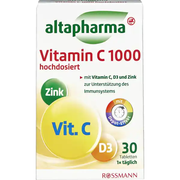 altapharma Vitamin C 1000 hochdosiert: Цвет: https://www.rossmann.de/de/gesundheit-altapharma-vitamin-c-1000-hochdosiert/p/4068134005168
Produktbeschreibung und details Besonders in der kalten Jahreszeit ist der Krper auf eine ausreichende Versorgung mit Nhrstoffen angewiesen um das Immunsystem und die Abwehrkrfte optimal zu untersttzen Altapharma Vitamin C  hochdosiert versorgt den Krper bei erhhtem Bedarf mit wertvollem Vitamin C D und Zink Der Krper bentigt Vitamin C fr eine Vielzahl von Funktionen Es untersttzt unter anderem das Immunsystem und trgt zur Verringerung von Mdigkeit und Ermdung bei Da der Krper selbst kein Vitamin C bilden kann ist er auf eine Aufnahme des Vitamins aus der Nahrung z B aus Obst und Gemse angewiesen Vitamin D kann vom Krper ber Einwirkung von Sonnenlicht auf die Haut selbst gebildet werden Bei zu wenig Aufenthalt in der Sonne und in den Wintermonaten bildet der Krper jedoch weniger Vitamin D und die Eigenproduktion reicht unter Umstnden nicht aus Altapharma Vitamin C  hochdosiert trgt mit der Kombination aus  mg Vitamin C Vitamin D und Zink zu einer normalen Funktion des Immunsystems bei Vitamin C und Zink schtzen zudem die Zellen vor oxidativem Stress Die DepotWirkung von altapharma Vitamin C  hochdosiert sorgt fr die Freisetzung der Nhrstoffe ber mehrere Stunden sodass sie dem Krper kontinuierlich ber einen lngeren Zeitraum zur Verfgung stehen mit Vitamin C D und Zink zur Untersttzung des Immunsystems mit DepotEffekt  Tabletten x tglich glutenfrei laktosefrei Kontaktdaten Dirk Rossmann GmbH Isernhgener Sr   Burgwedel wwwrossmannde UrsprungslandHerkunftsort Deutschland Vitamin C aus EU und NichtEU Testurteile Qualittssiegel ampamp Verbandszeichen Zutaten LAscorbinsure Vitamin C Fllstoff Hydroxypropylmethylcellulose Zinkoxid Trennmittel Magnesiumsalze der Speisefettsuren Polyvinylpyrrolidon Cholecalciferol Vitamin D Nhrwerte Durchschnittliche Nhrwertangaben pro  g pro  Portion  Tablette Tagesdosis Referenzwert Nhrstoffbezugswerte Referenzmenge fr die tgliche Zufuhr gem Lebensmittelinformationsverordnung Energie  kj   kcal  kj   kcal Fett  g amplt  g davon  gesttigte Fettsuren  g amplt  g Kohlenhydrate amplt  g amplt  g davon  Zucker amplt  g amplt  g Eiwei  g  g Salz  g amplt  g NRV Zink  mg   Vitamin D  g   Vitamin C  mg   Anwendung und Gebrauch Einmal tglich  Tablette mit ausreichend Flssigkeit verzehren Die empfohlene tgliche Verzehrmenge darf nicht berschritten werden Gebrauch Aufbewahrung und Verwendung Aufbewahrungs und Verwendungsbedingungen Unter  C trocken und vor Wrme und Licht geschtzt aufbewahren Auerhalb der Reichweite von kleinen Kindern aufbewahren Warnhinweise und wichtige Hinweise Warnhinweise Nahrungsergnzungsmittel sollten nicht als Ersatz fr eine abwechslungsreiche und ausgewogene Ernhrung sowie eine gesunde Lebensweise dienen Auerhalb der Reichweite von kleinen Kindern aufbewahren Leichte Farb und Geschmacksabweichungen haben keinen Einfluss auf die Qualitt des Produktes Auf die Einnahme weiterer zinkhaltiger Nahrungsergnzungsmittel sollte verzichtet werden